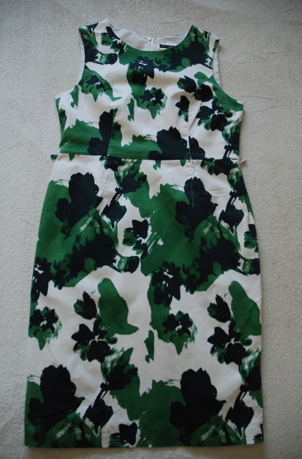 Betty Jackson Black Cotton Stretch Green White Botanical Mid Length Dress UK16