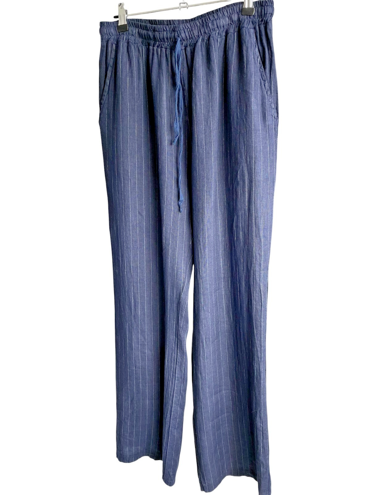 Sorbet Italy 100% Linen Pants L XL Blue Pinstripe Wide Leg Elastic Waist