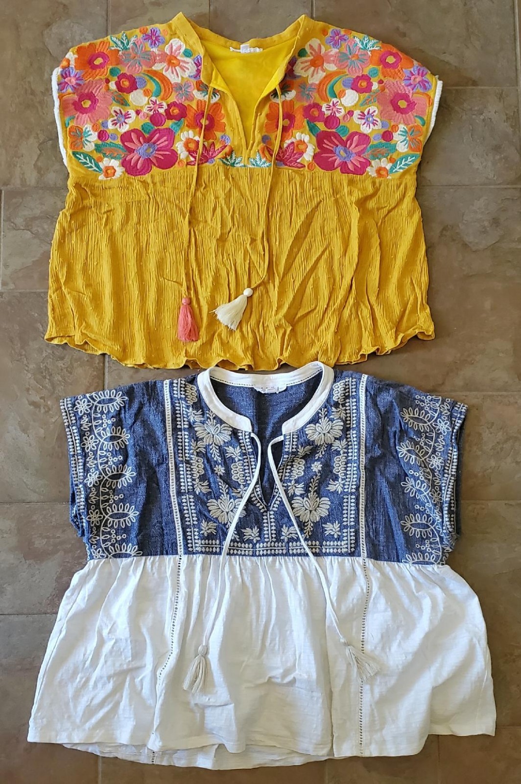 2 THML Embroidered Boho V-Neck Tassels Ties Sleeveless Tops, Size Large