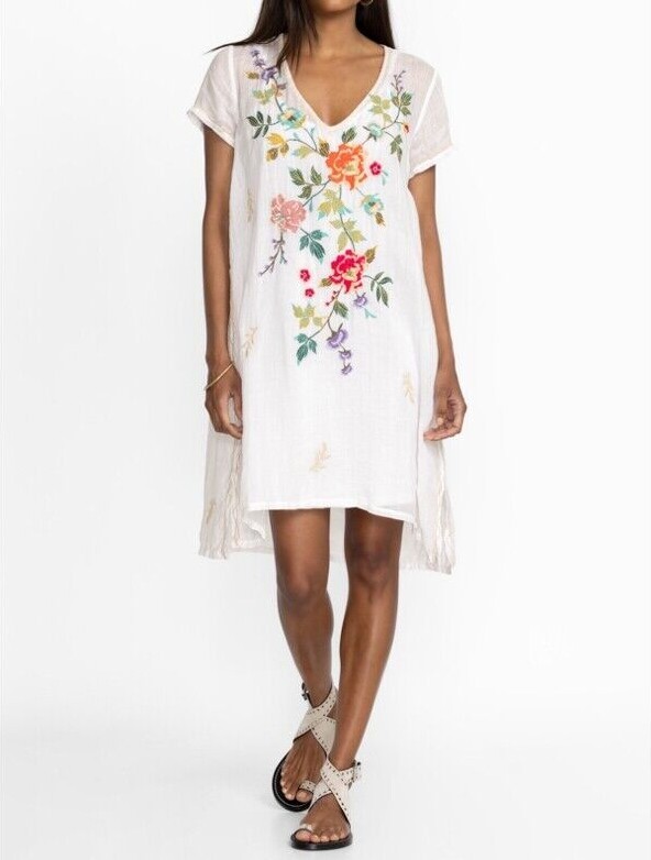 Johnny Was Adele Drape Tunic Dress Floral Embroidery Flowers White Ramie New