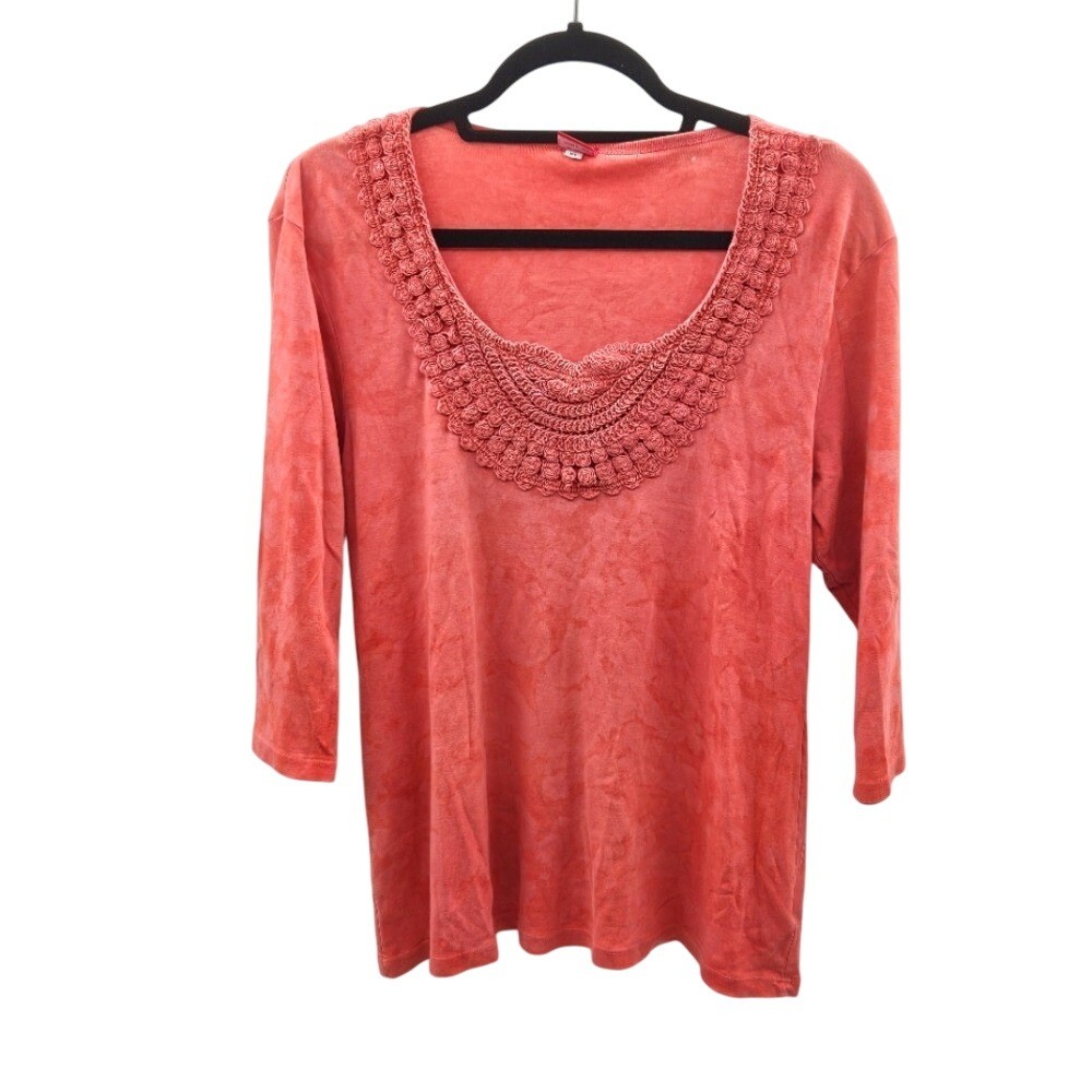 Glima Coral Cotton 3/4 Sleeve Top with Crochet Detail Size XL