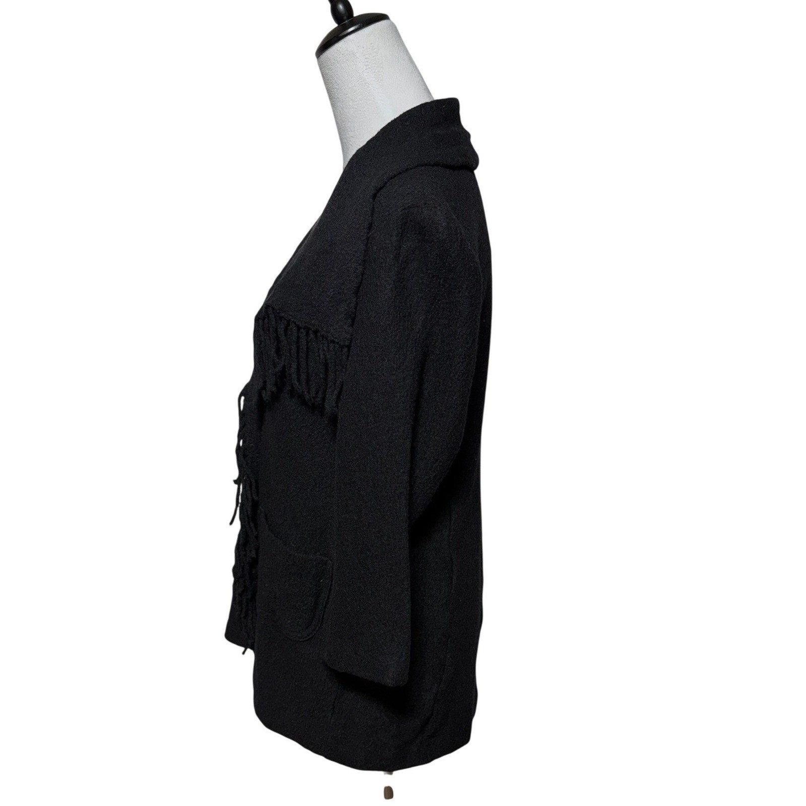 Chicos Jacket Blazer Womens Medium 1 Black 3/4 Sleeve Textured Fringe Western