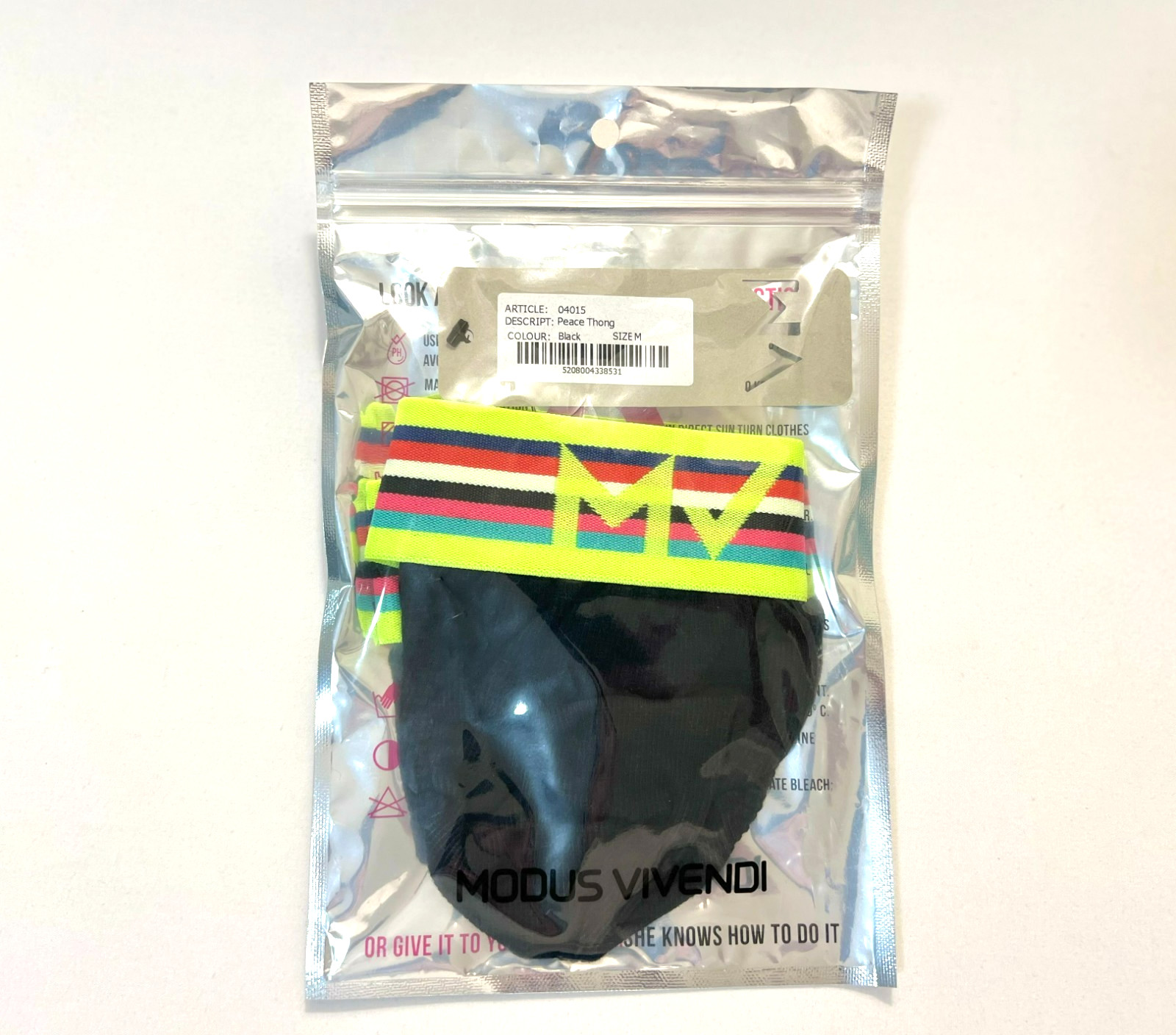 Modus Vivendi Size M Ribbed Cotton Peace T-Back Thong – Black/Multi Color