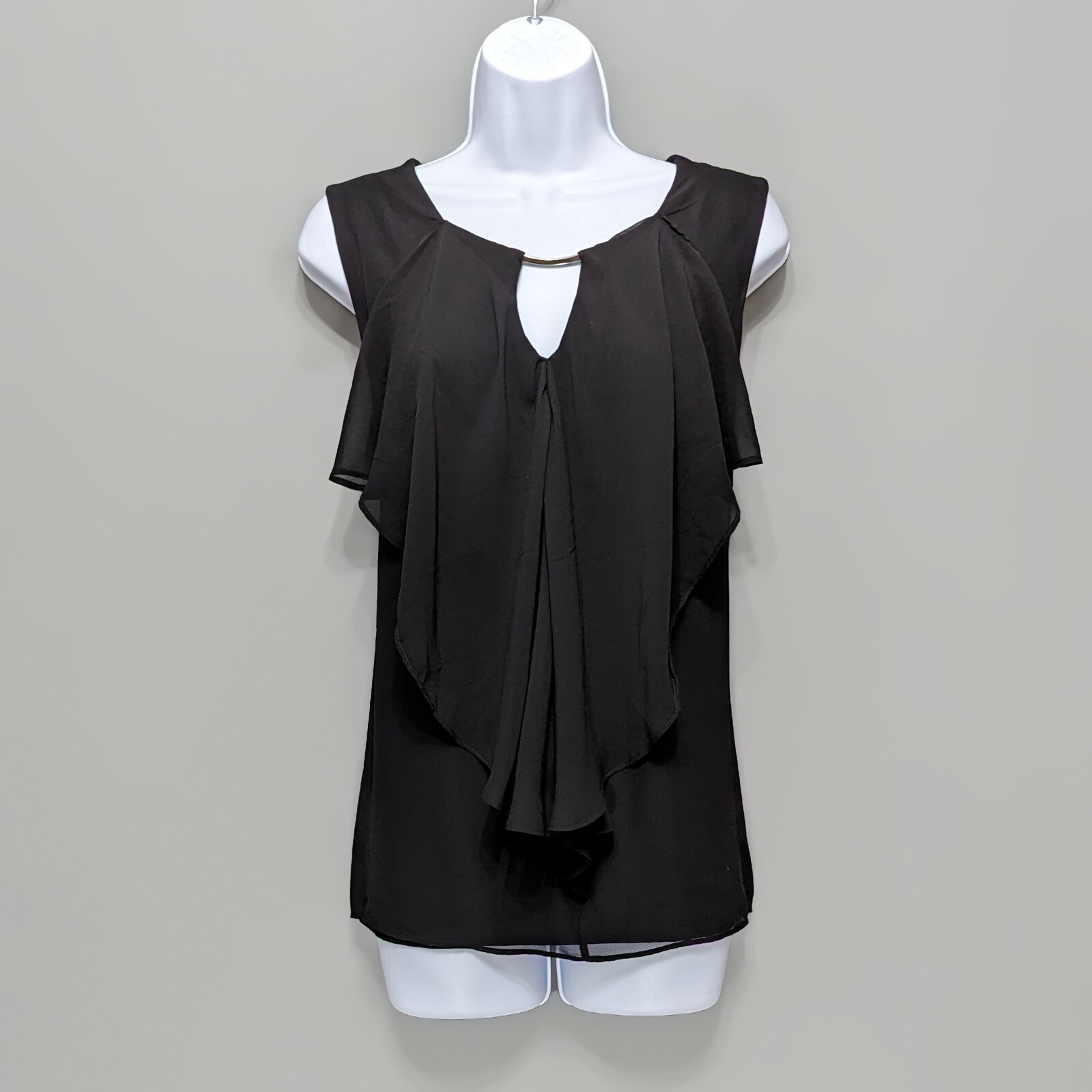 NY&Co Black Jersey Draped Chiffon Front Layer Top Metal Bar Keyhole Neck L