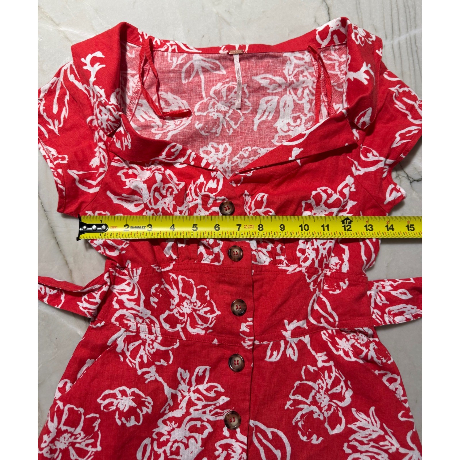 Free People Red White Floral Linen Blend Button Front Tie Waist Mini Dress 0 #56