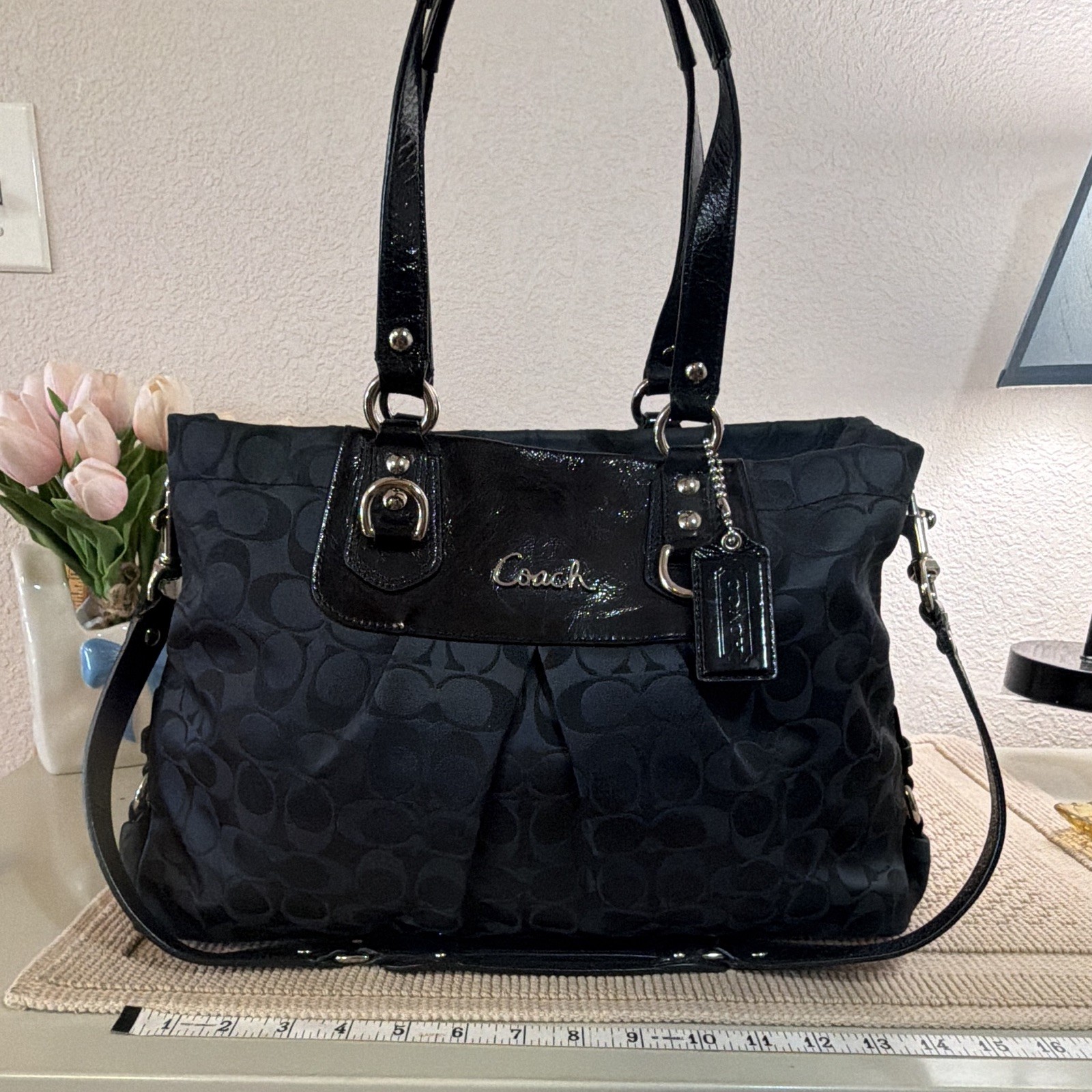 Coach Black Logo Satchel Top Handle Detachable Crossbody Zip Snap Inner Pockets