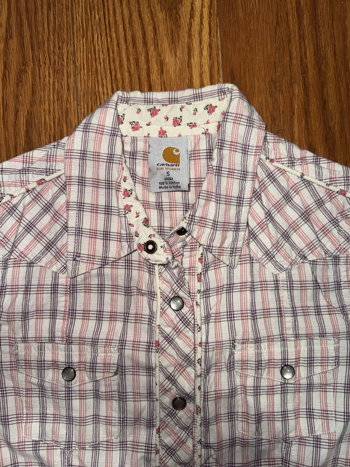 Carhartt Women’s S Pearl Snap Purple and Pink Plaid button down 100% cotton