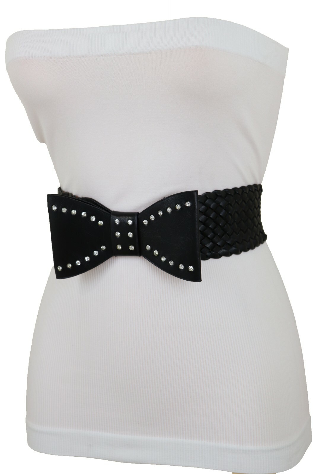 Women Bow Tie Ribbon Buckle Braided Waistband Black Elastic Strap Fashion Belt S