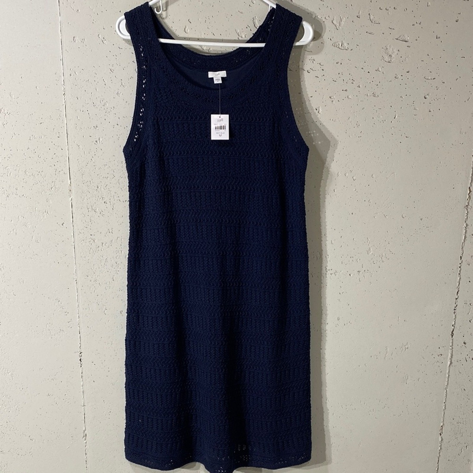 Navy blue crochet style dress size M. Sleeveless pullover linen/ rayon