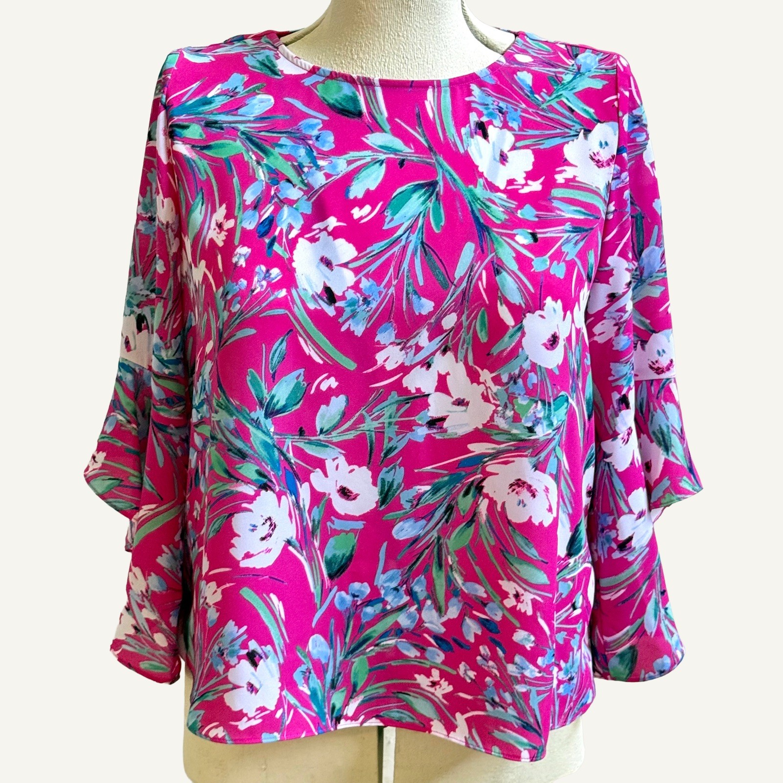 KASPER Petite PM Pink Floral Boho Bell Sleeve Blouse Top Career Casual EUC