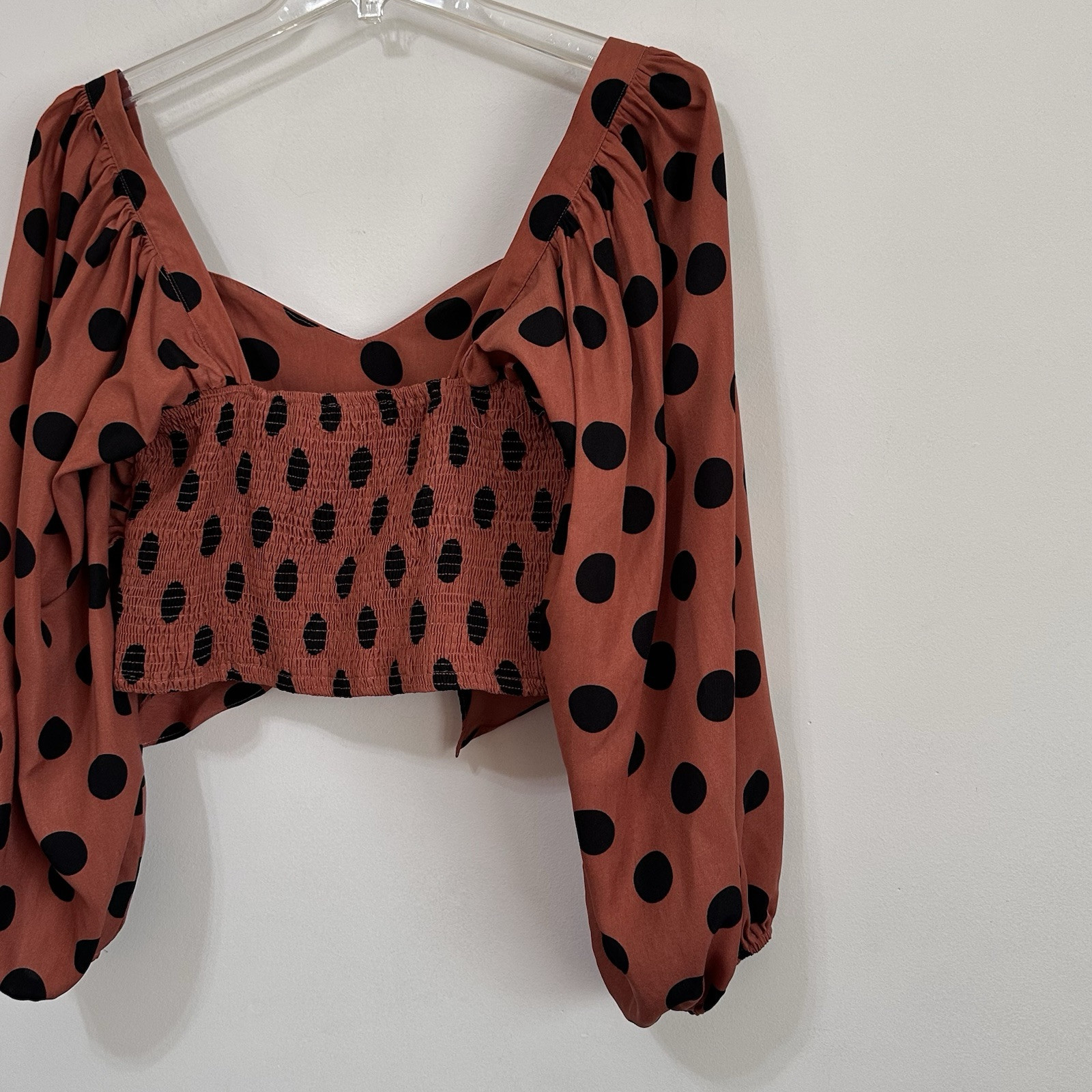 Do+Be Top L Crop Smocked Tie Front Long Sleeve Brown Polka Dot Festival Summer