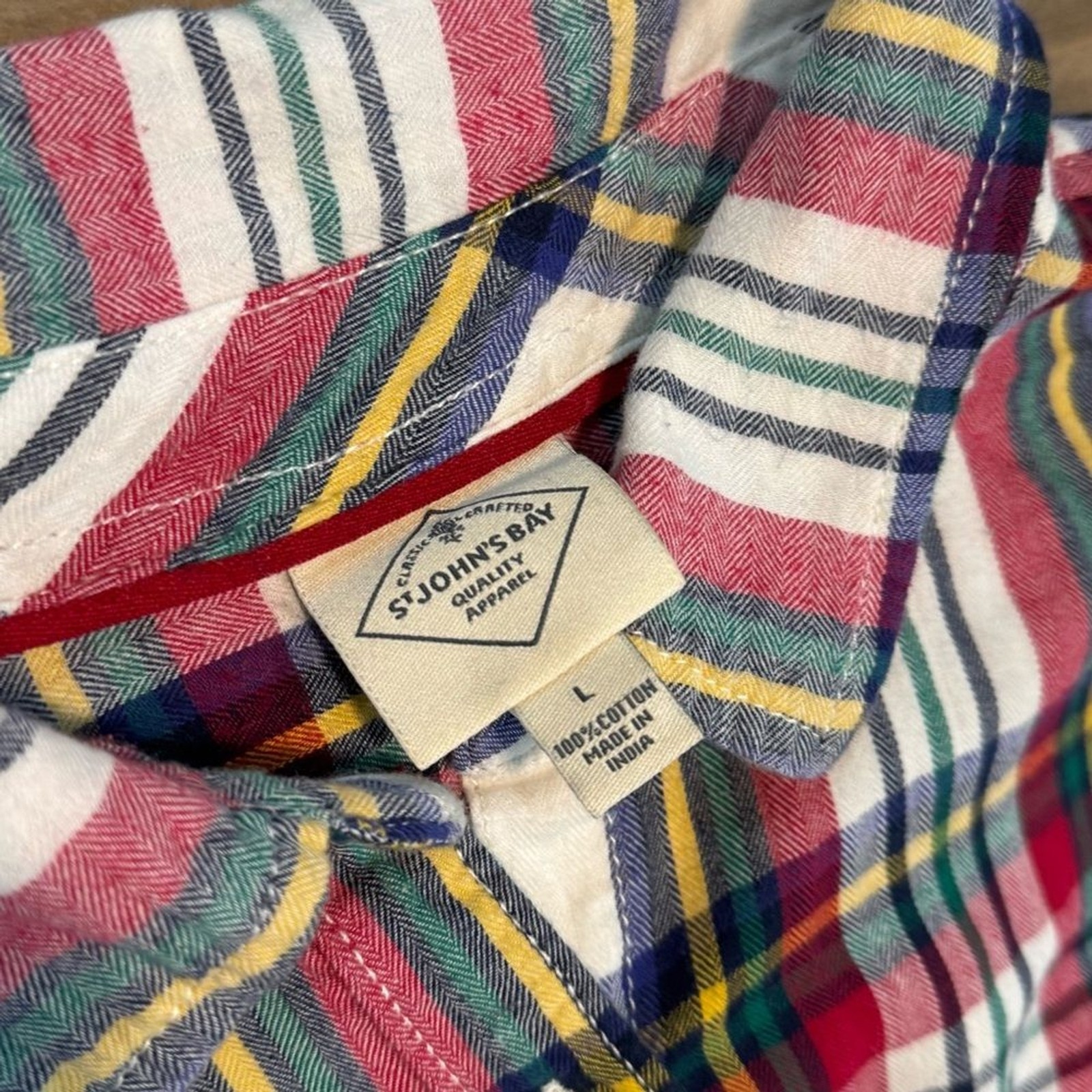 St. Johns Bay L Plaid Button Front Shirt Long Sleeve 100% Cotton Multicolor
