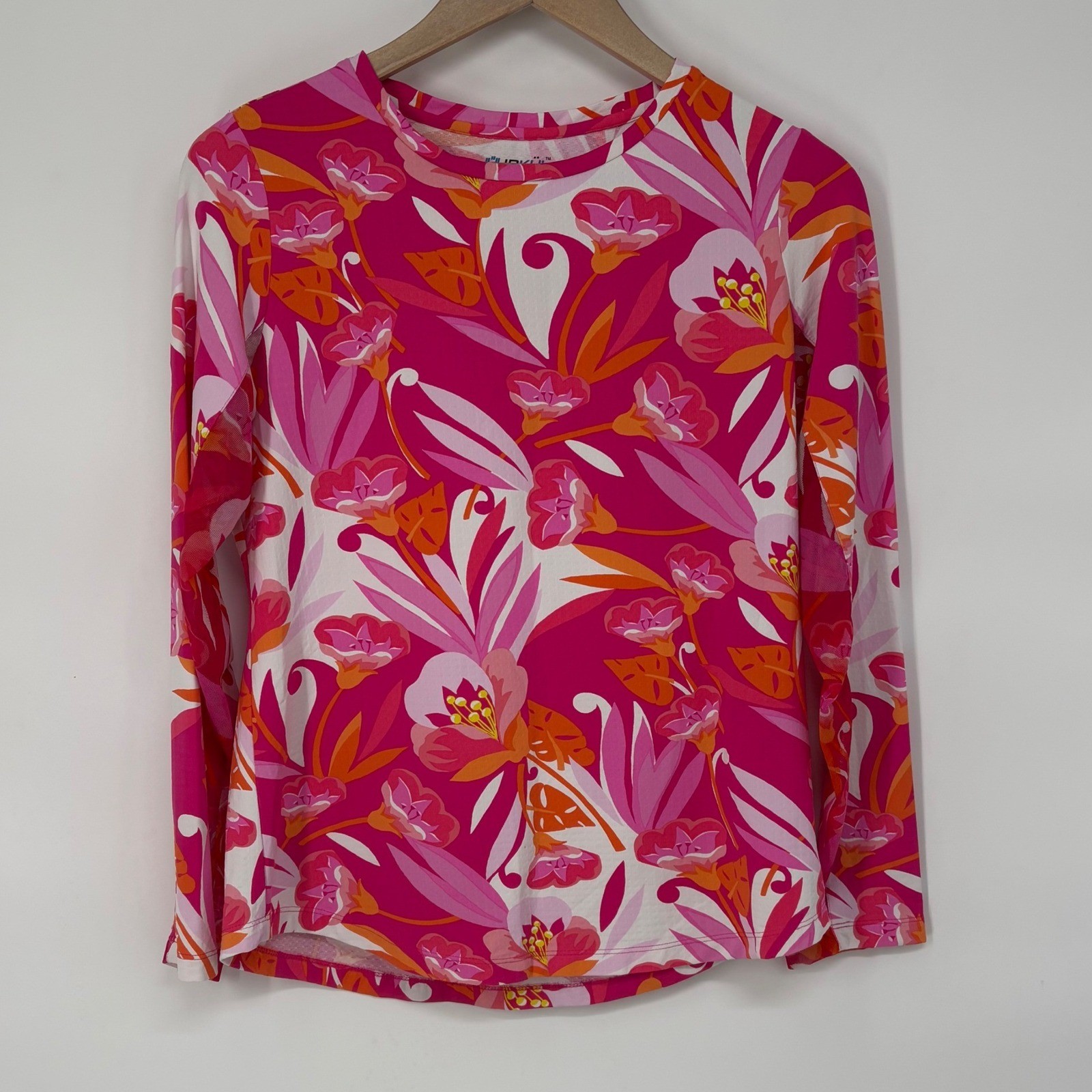 IBKUL Womens Medium Pink Orange Tropical Floral Mesh Vent Long Sleeve Golf Top
