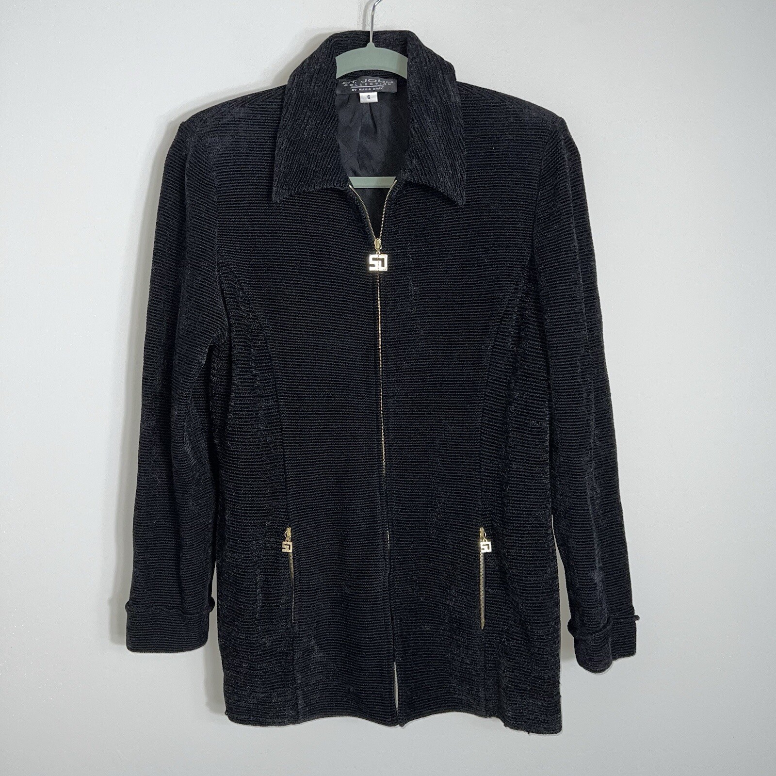 St John Collection By Marie Gray Full Zip Chenille Jacket Coat-Black-Size 6