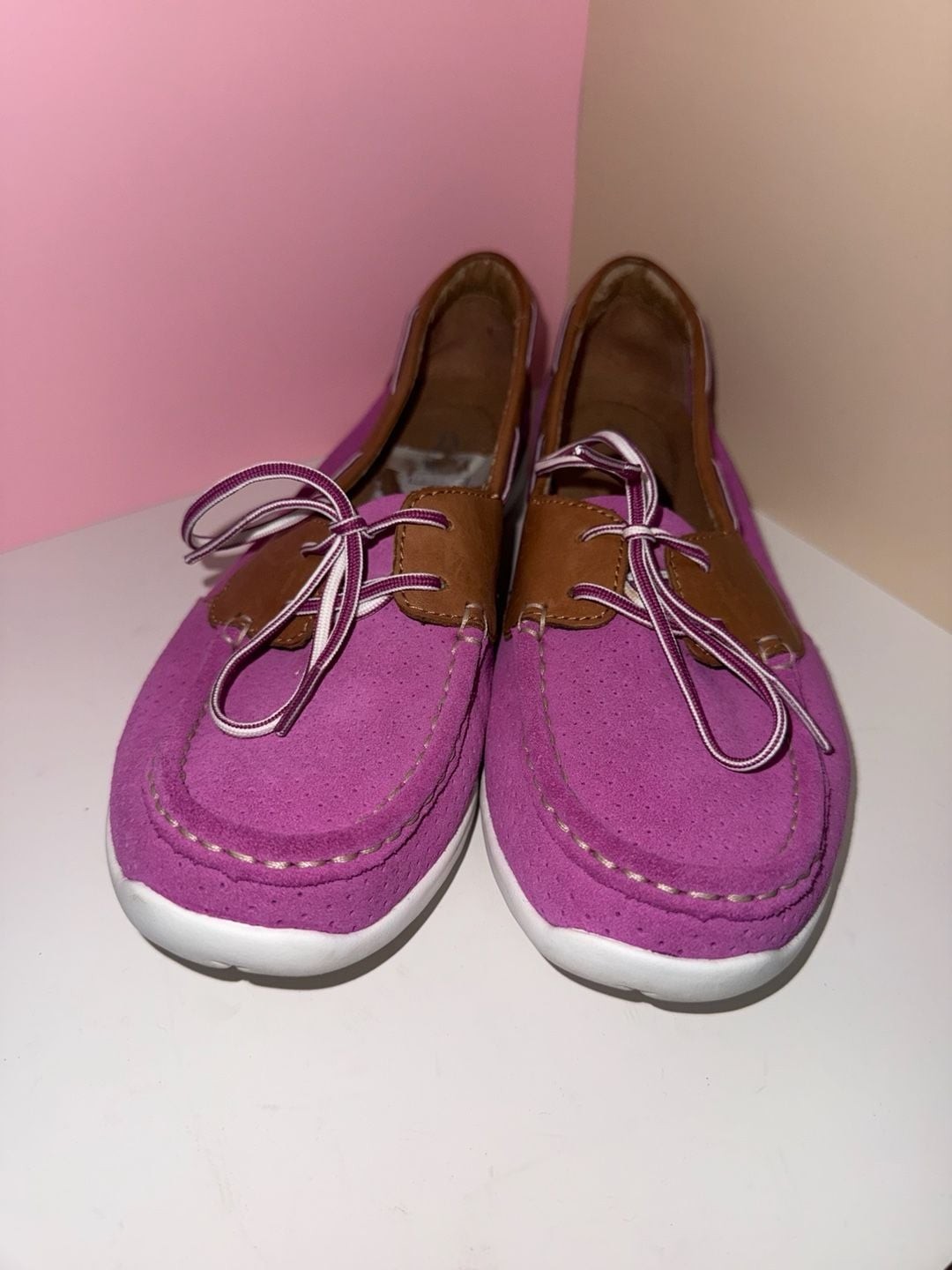 Clarks Jocolin Vista Boat Shoe Pink Tan Perforated Textile Womens