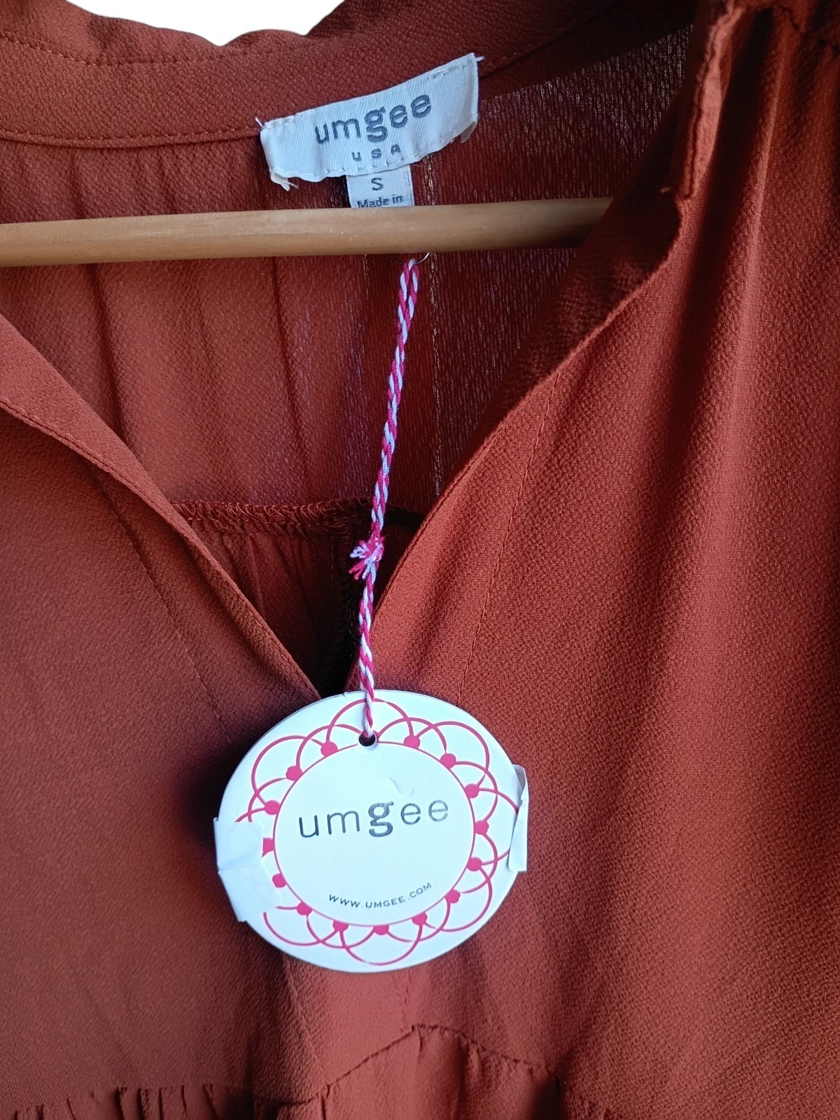Umgee Orange Smocked Ruffle Collared Midi A-Line Dress Long Sleeve S