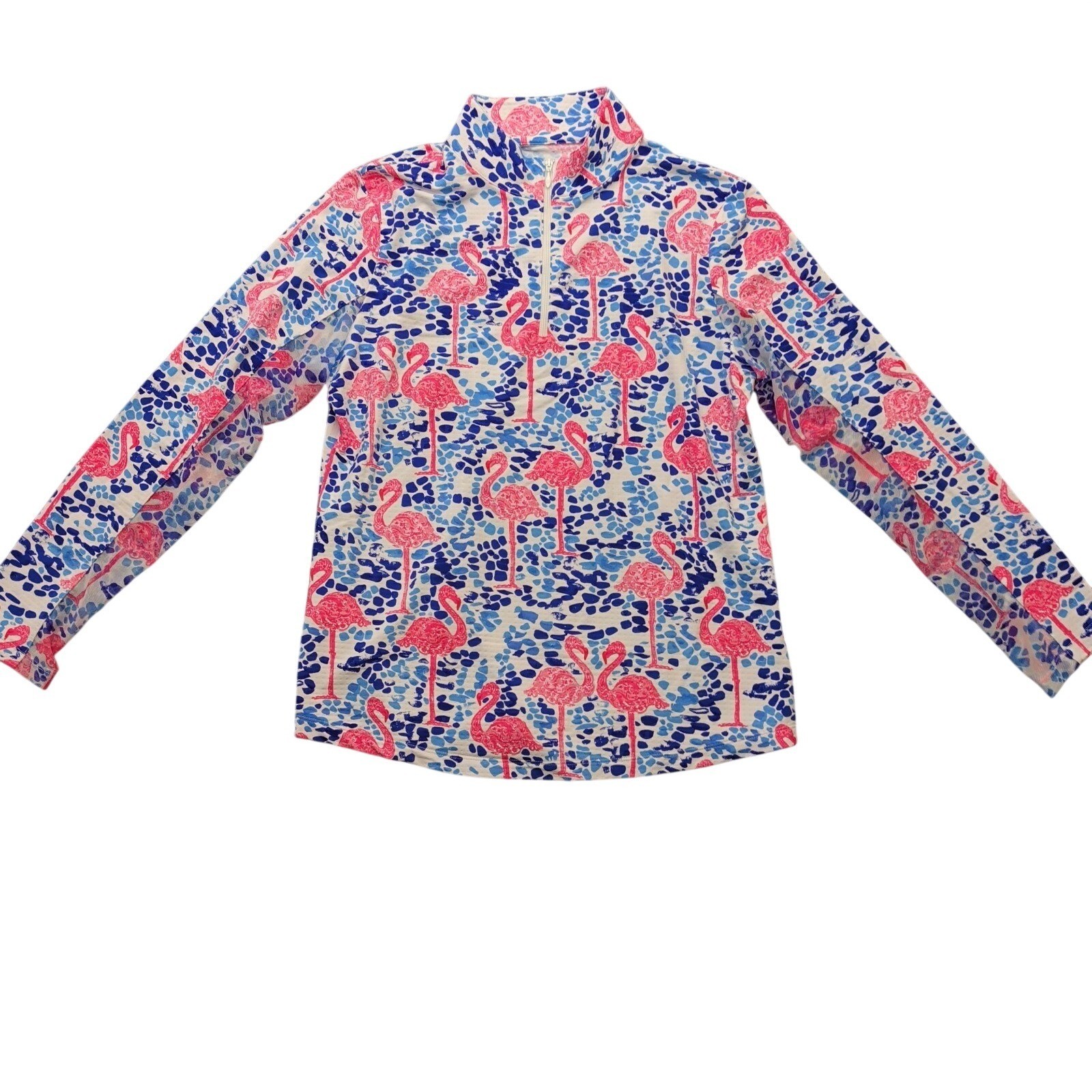 IBKUL Shirt Womens Large Pink Blue Flamingo Long Sleeve 1/4 Zip Golf Tennis