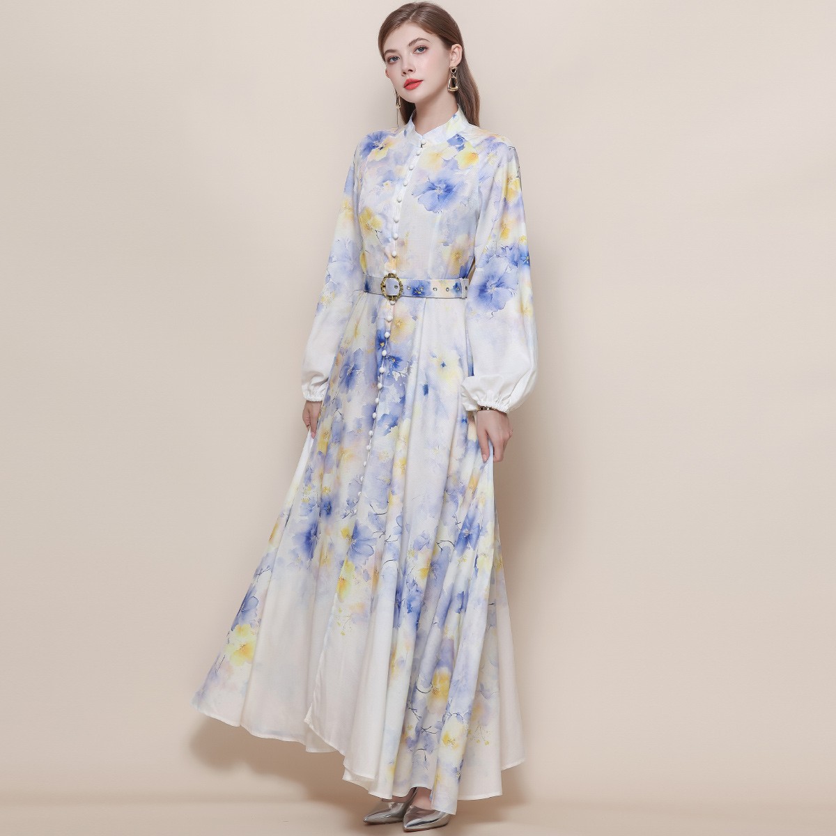 Spring Fall Vintage Floral Print Mock Neck Belt Long Sleeve Women Casual Dresses