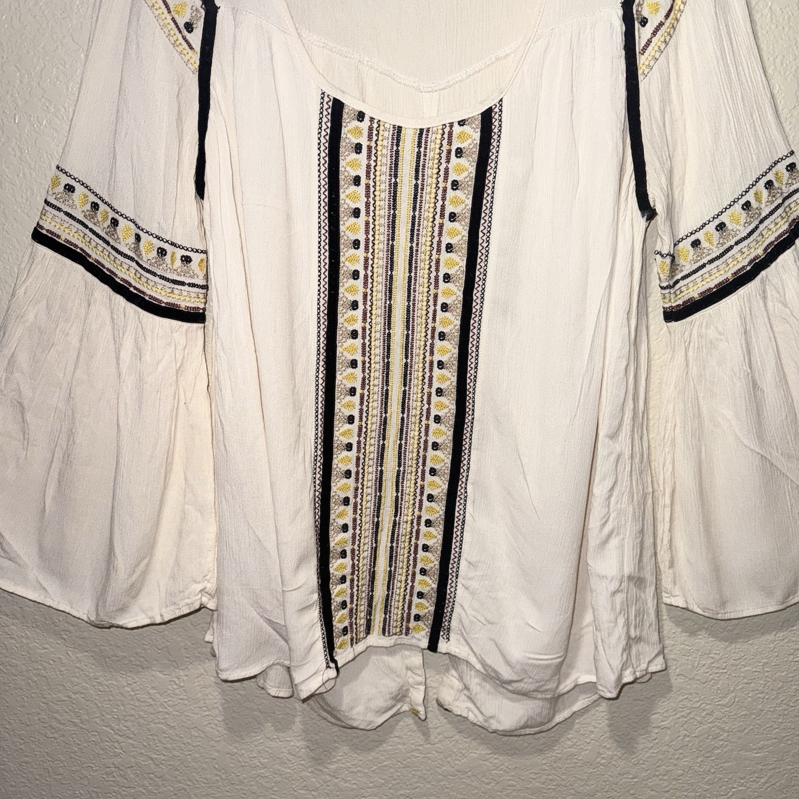 Hannah Large Boho Embroidered Bell Sleeve Peasant Blouse Cream