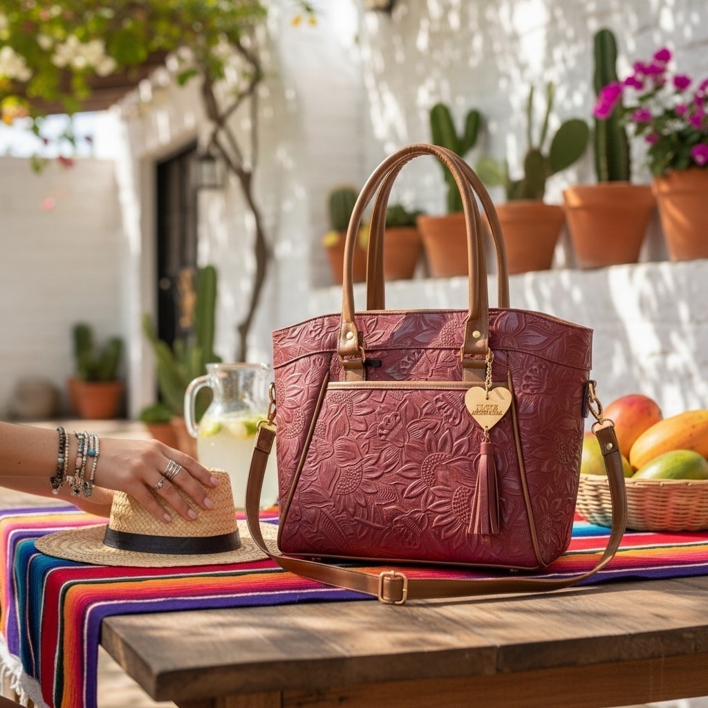 Sunflower Red Wine Brown Embossed Tooled Artisan Mexican LEATHER Purse Handbag