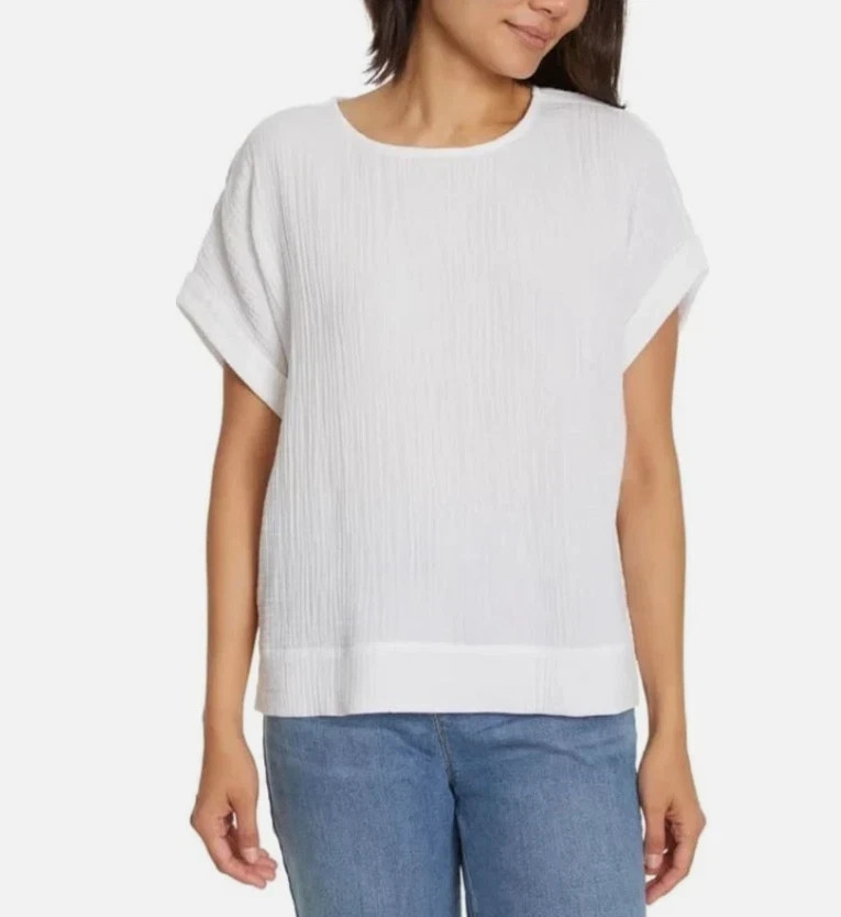 Gloria Vanderbilt Women’s Short Sleeve Cotton Gauze Pullover, White, Medium, New