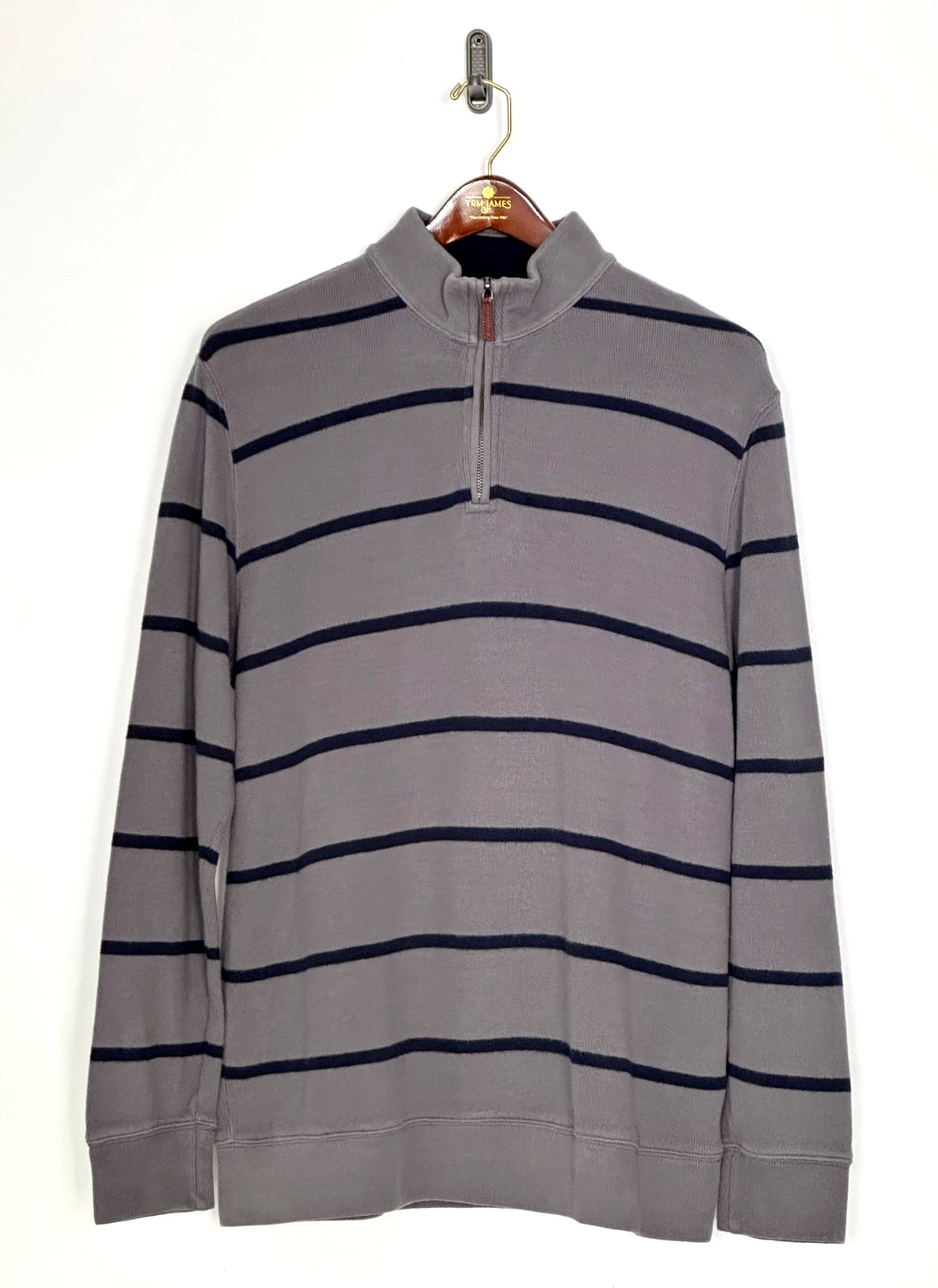 Lands’ End Mens LT Slate Blue Navy Stripe Quarter Zip Cotton Sweater