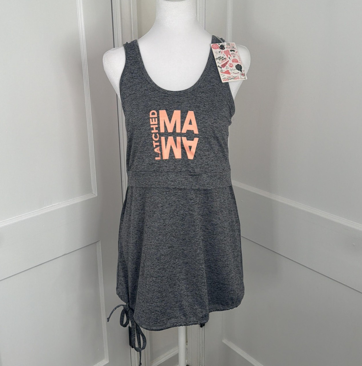 Latched Mama Too Womens Medium Gray Nursing Tank Drawstring Logo Athletic NEW