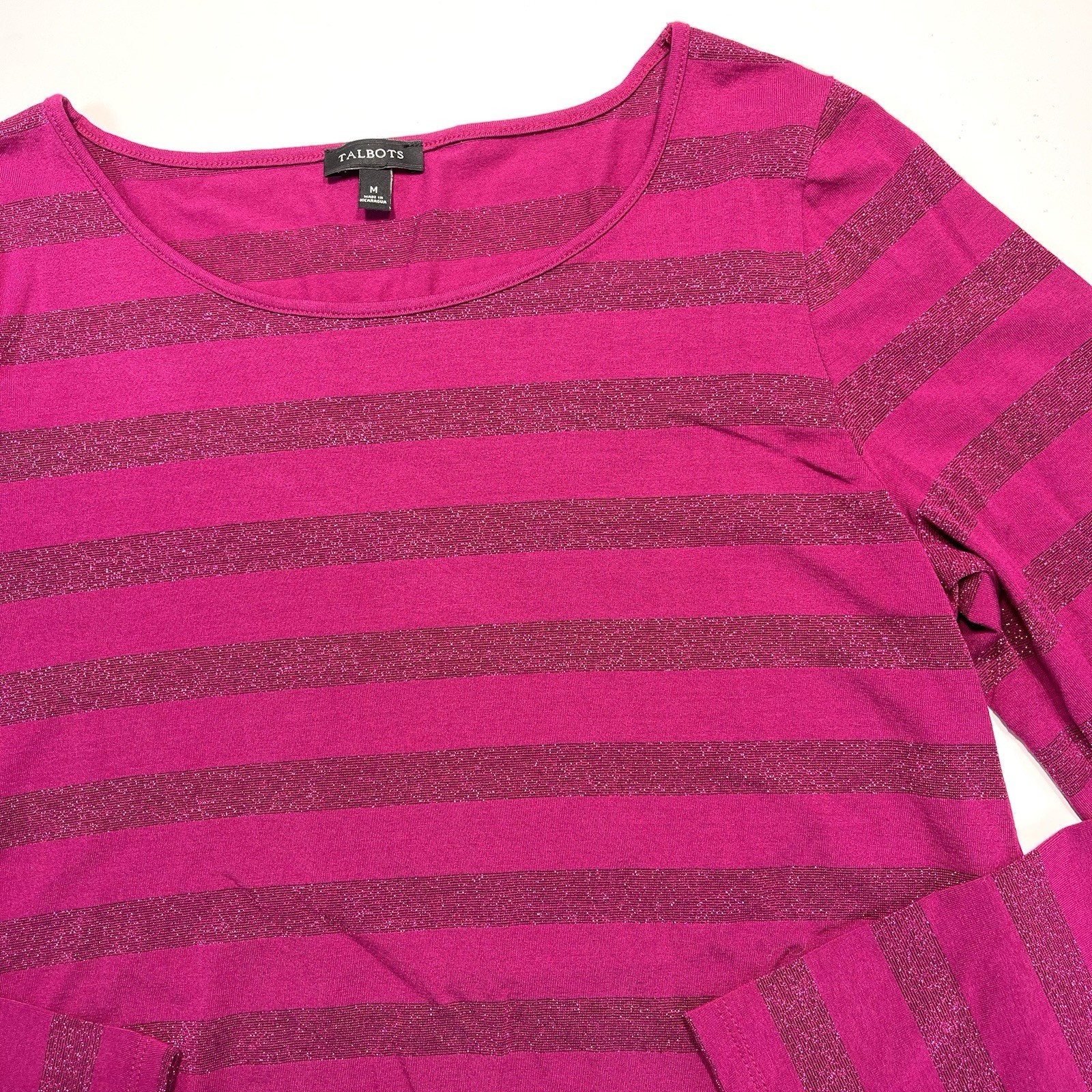 Talbots Long Sleeve Pink Striped Top Solid And Metallic Size Medium