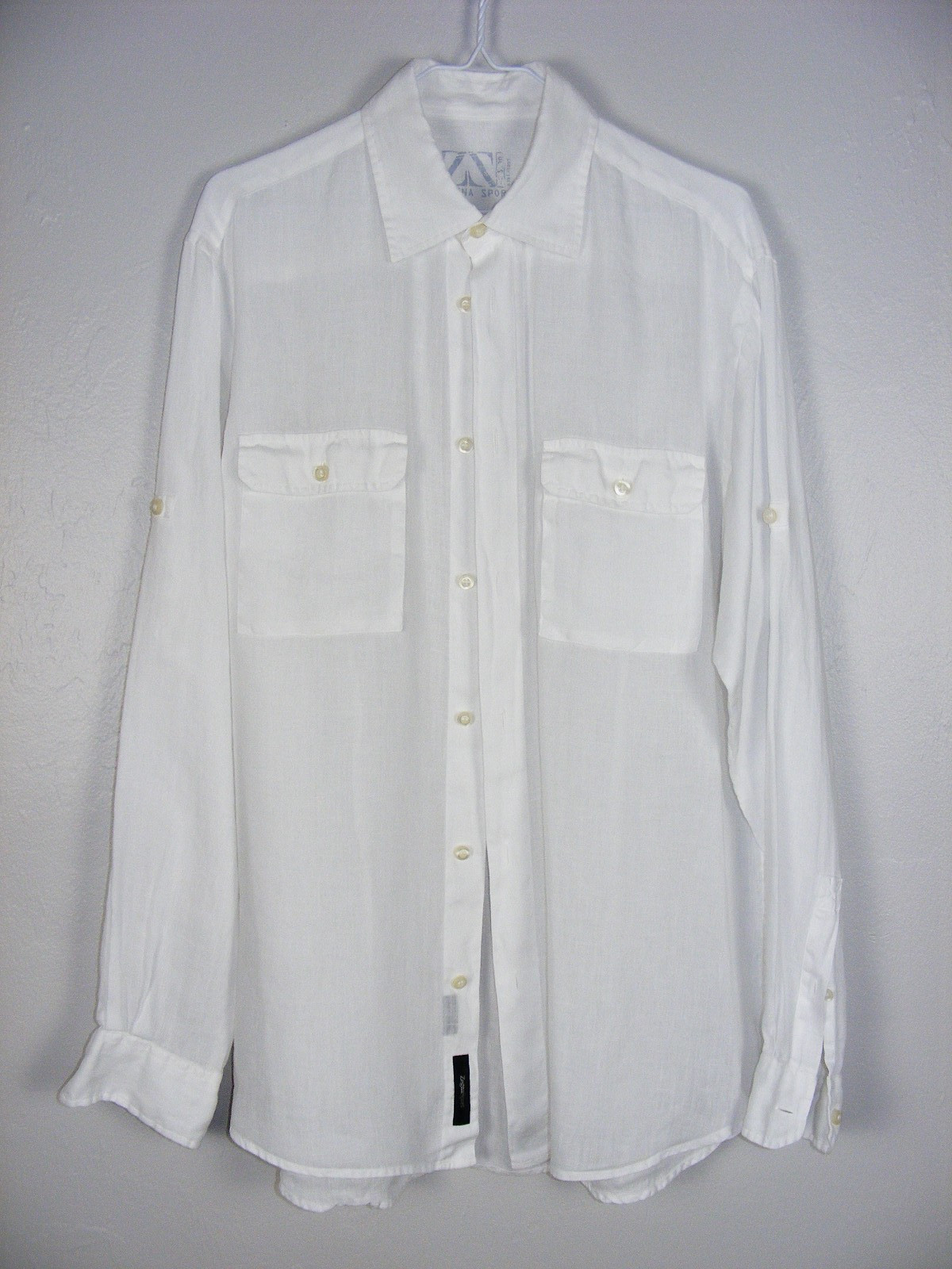 MENS SZ L ERMENEGILDO ZEGNA SPORT 100% LINEN WHITE ROLL UP BUTTON SLEEVE SHIRT L