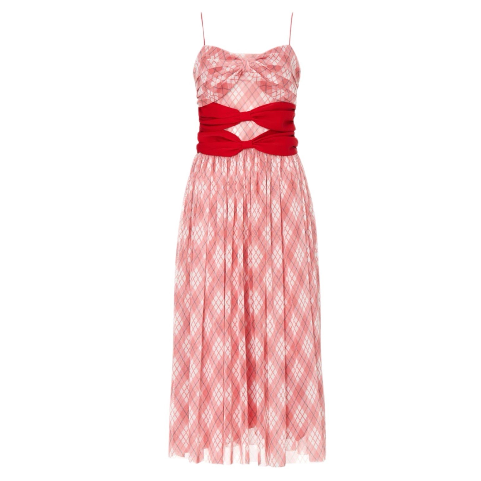 Adam Lippes Red, White & Pink Sleeveless Bow Front Mesh Plaid Midi Dress Size 6