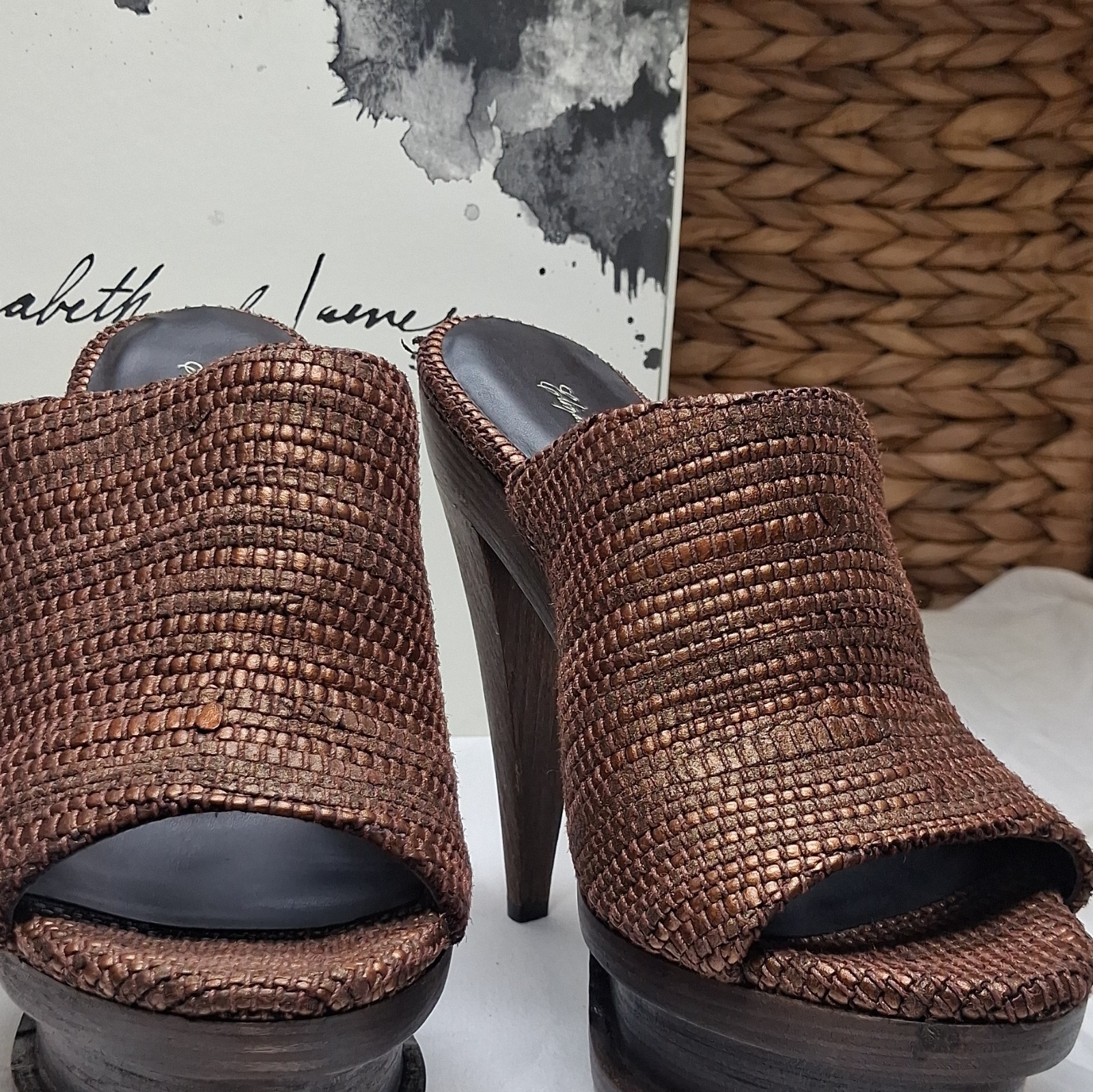 Elizabeth and James Bronze Leather Woven Platform Mule Open Toe Stiletto 7.5