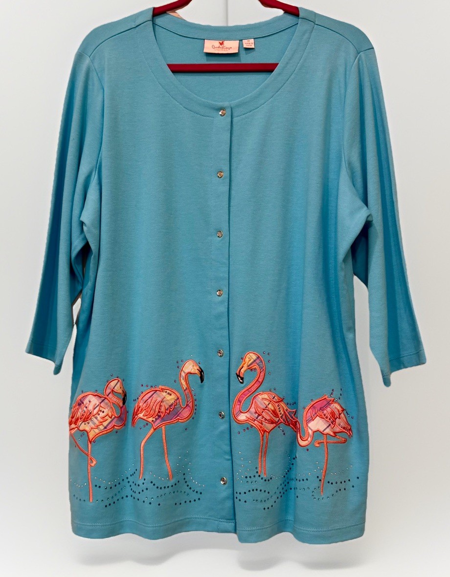 Quacker Factory Cardigan With Embellishments-Blue With Flamingos-1X
