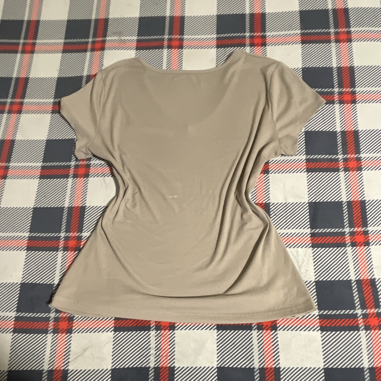 Beige Solid Knit V-Neck Short Sleeve Basic T-Shirt Women Size S
