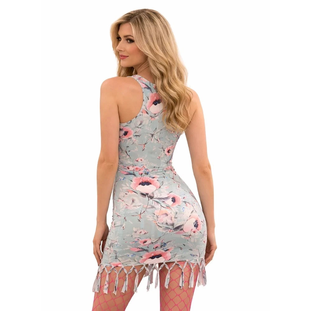Floral Fringe Mini Dress Stretch Bodycon Sexy Sleeveless Clubwear XS-4X