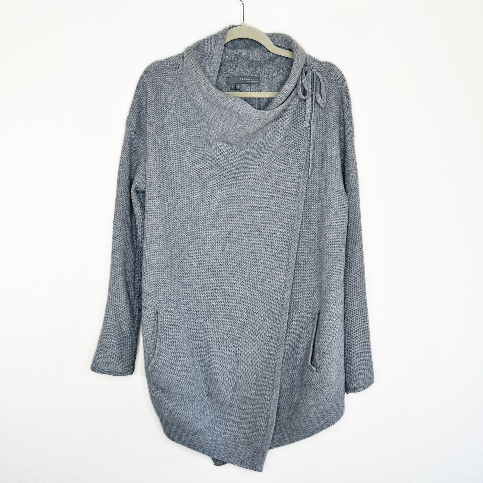 360 Cashmere Grey Draped Wrap Tie Front Moto Waterfall Cardigan Sweater Small
