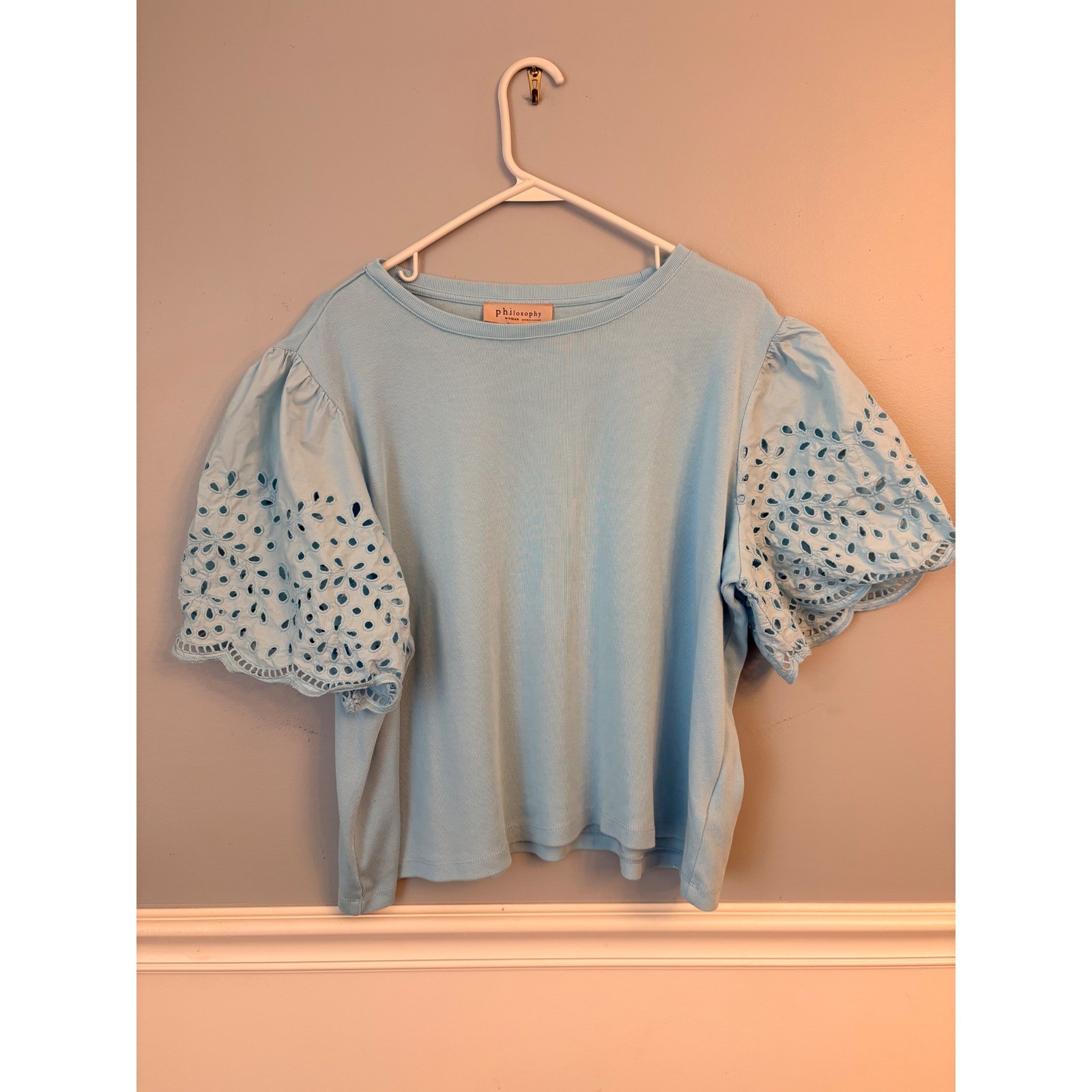 Philosophy Woman Light Blue Eyelet Puff Sleeve Knit Top Plus Size 1X Boho Ribbed