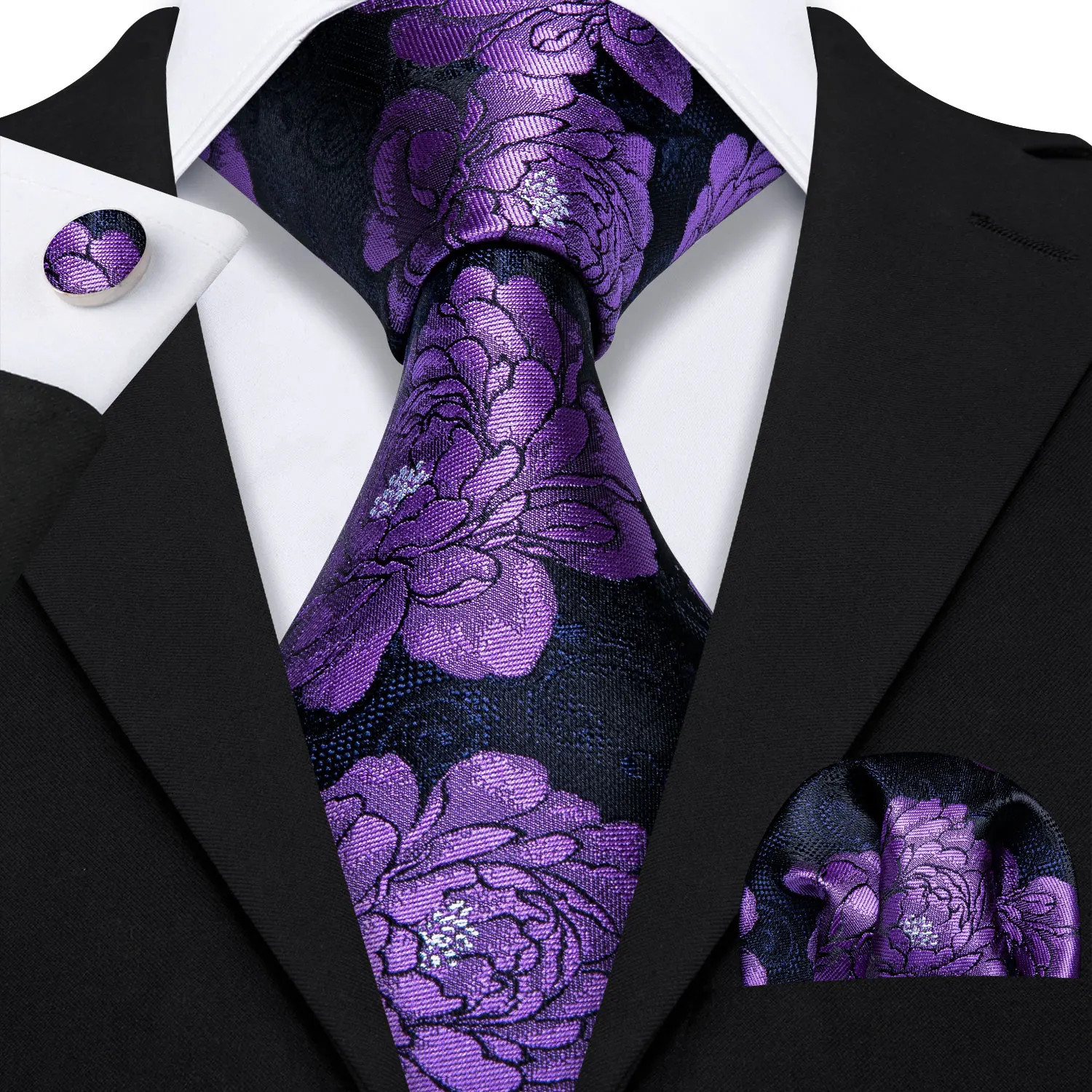 Silk Jacquard Tie Set Floral Violet Necktie Hanky Cufflinks Wedding Men’s Ties