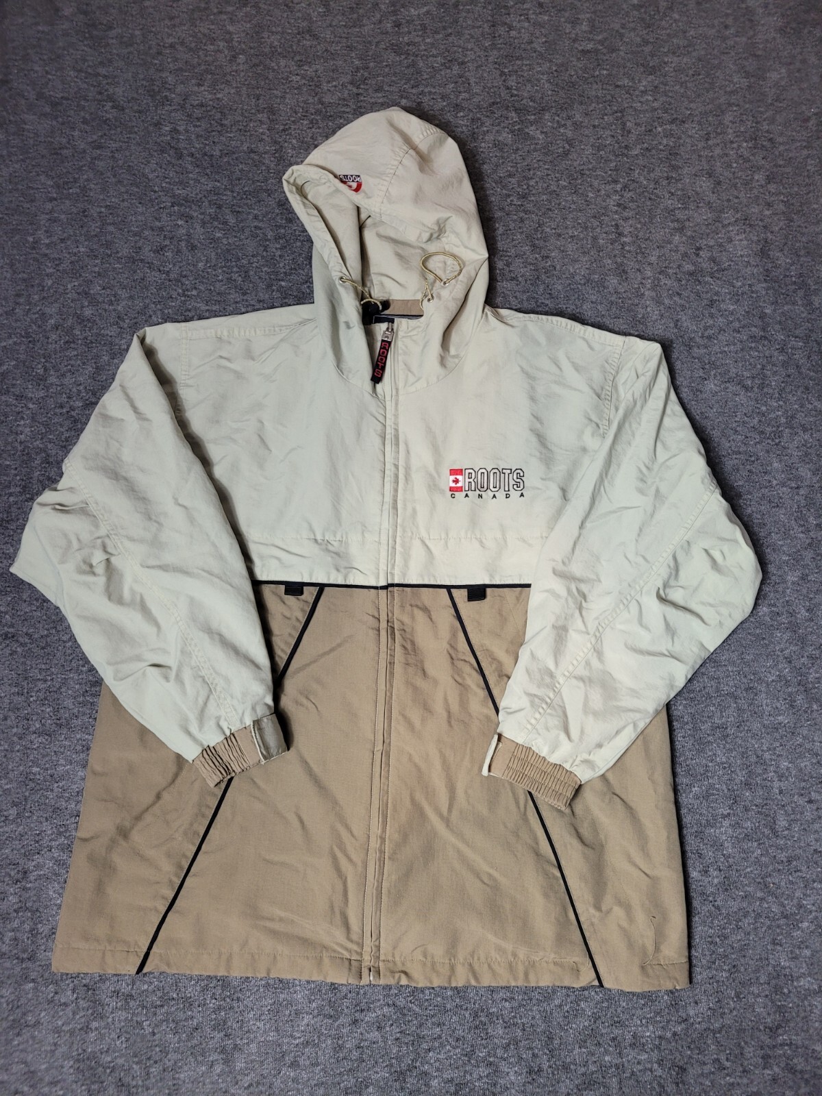 Roots Canada Athletics Mens Size L Beige Fleece Hooded Windbreaker Full Zipper