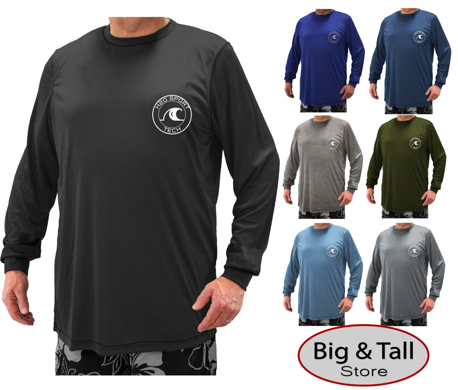Big & Tall H2O Sport Tech Long Sleeve Swim Shirt – Loose Fit 2XL – 5XLT UPF 50+