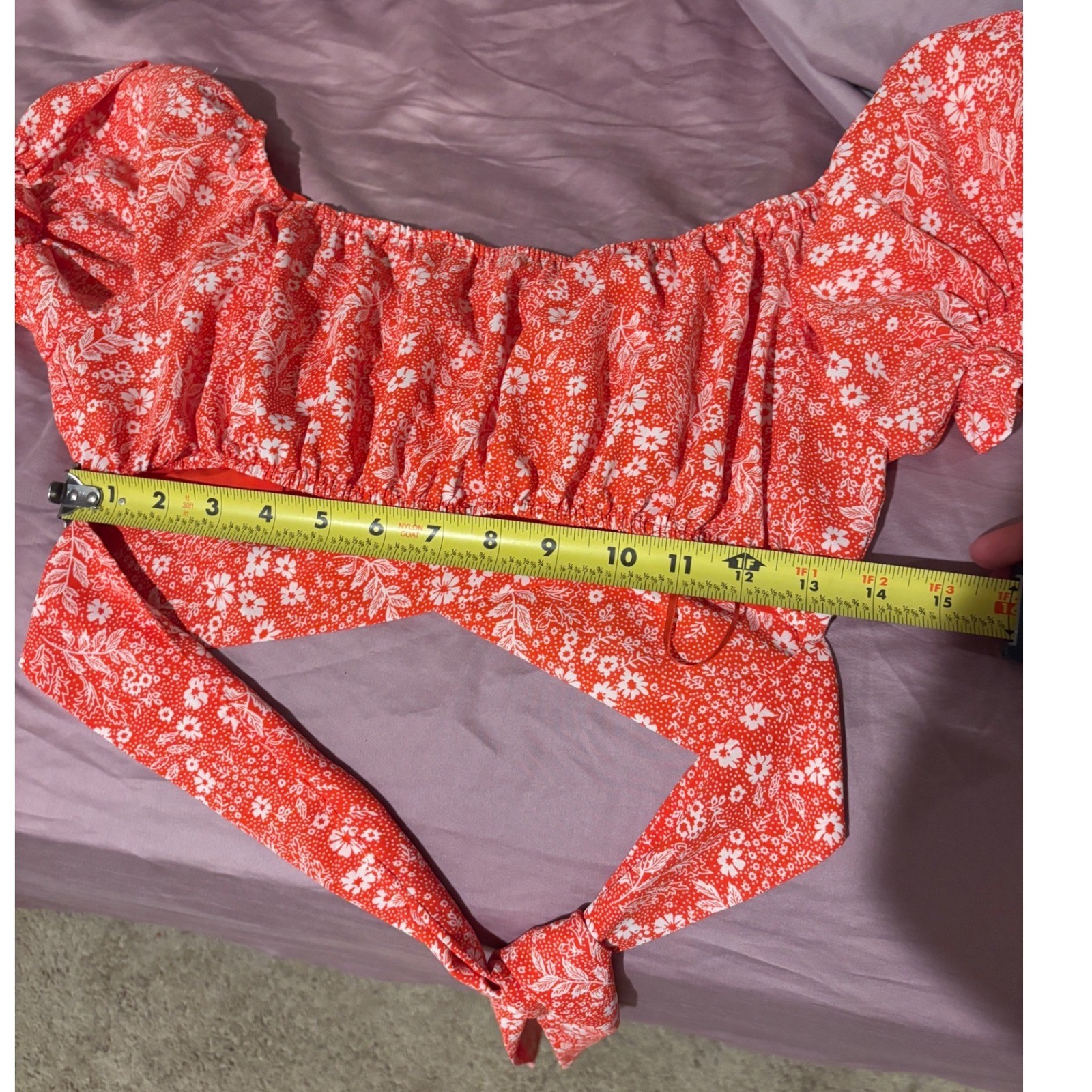 Endless Blu Red Floral Ditsy Tie Front Crop Top Puff Sleeve JT6130 Womens Large