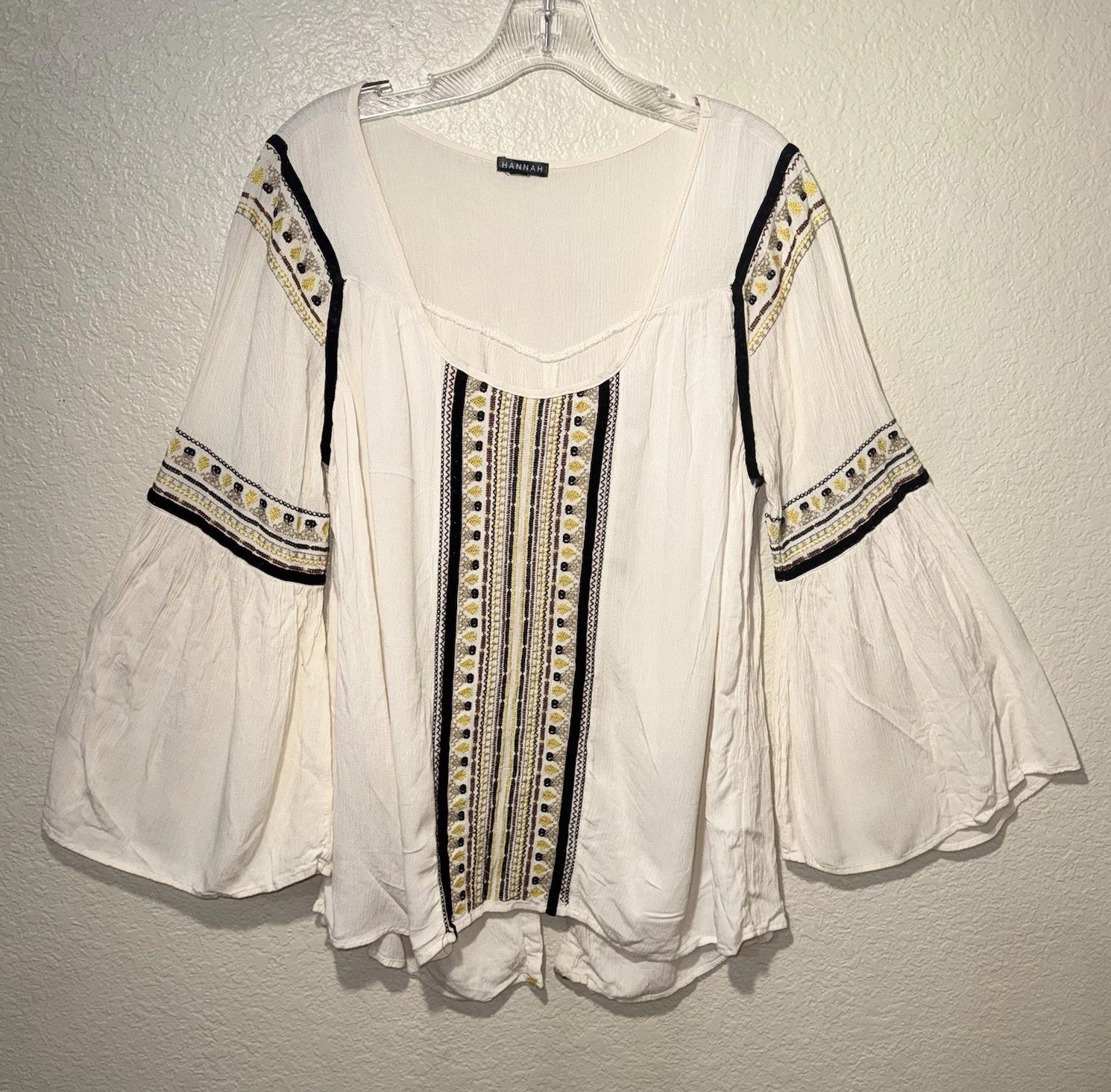 Hannah Large Boho Embroidered Bell Sleeve Peasant Blouse Cream