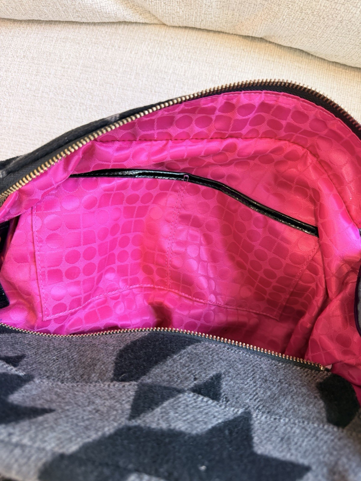 Kate Spade Houndstooth Shoulder Zip Top Black/Gray Pink Interior
