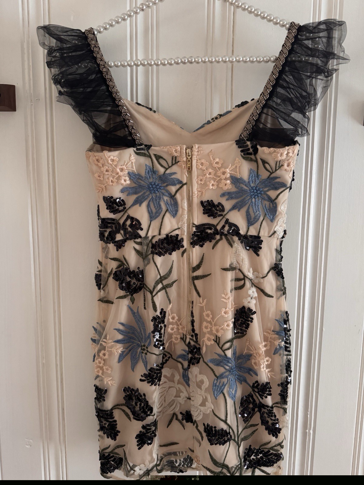 Lulus Beige/Black Floral Embroidered Sequin Mesh Sweetheart A-Line Dress XS