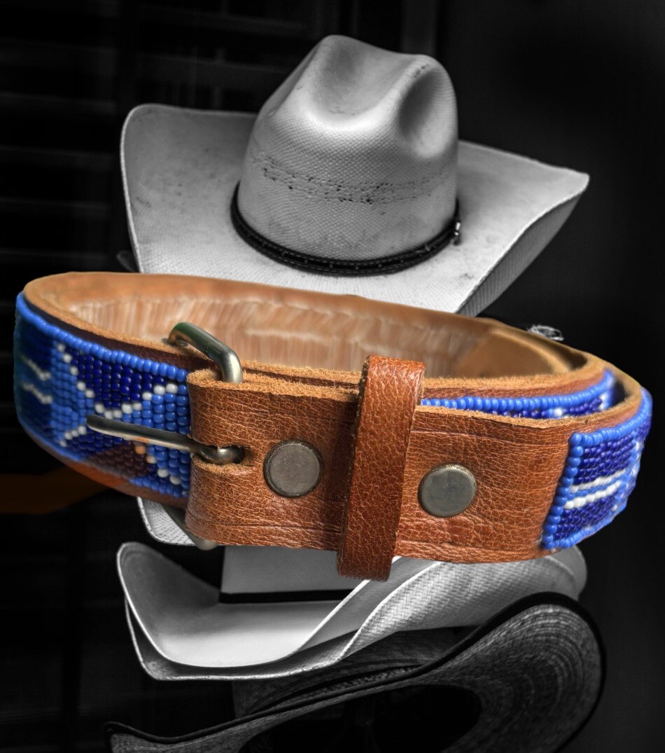 Handmade Intricate Beaded Leather Belt Blue White Southwestern Western 1” X 39”