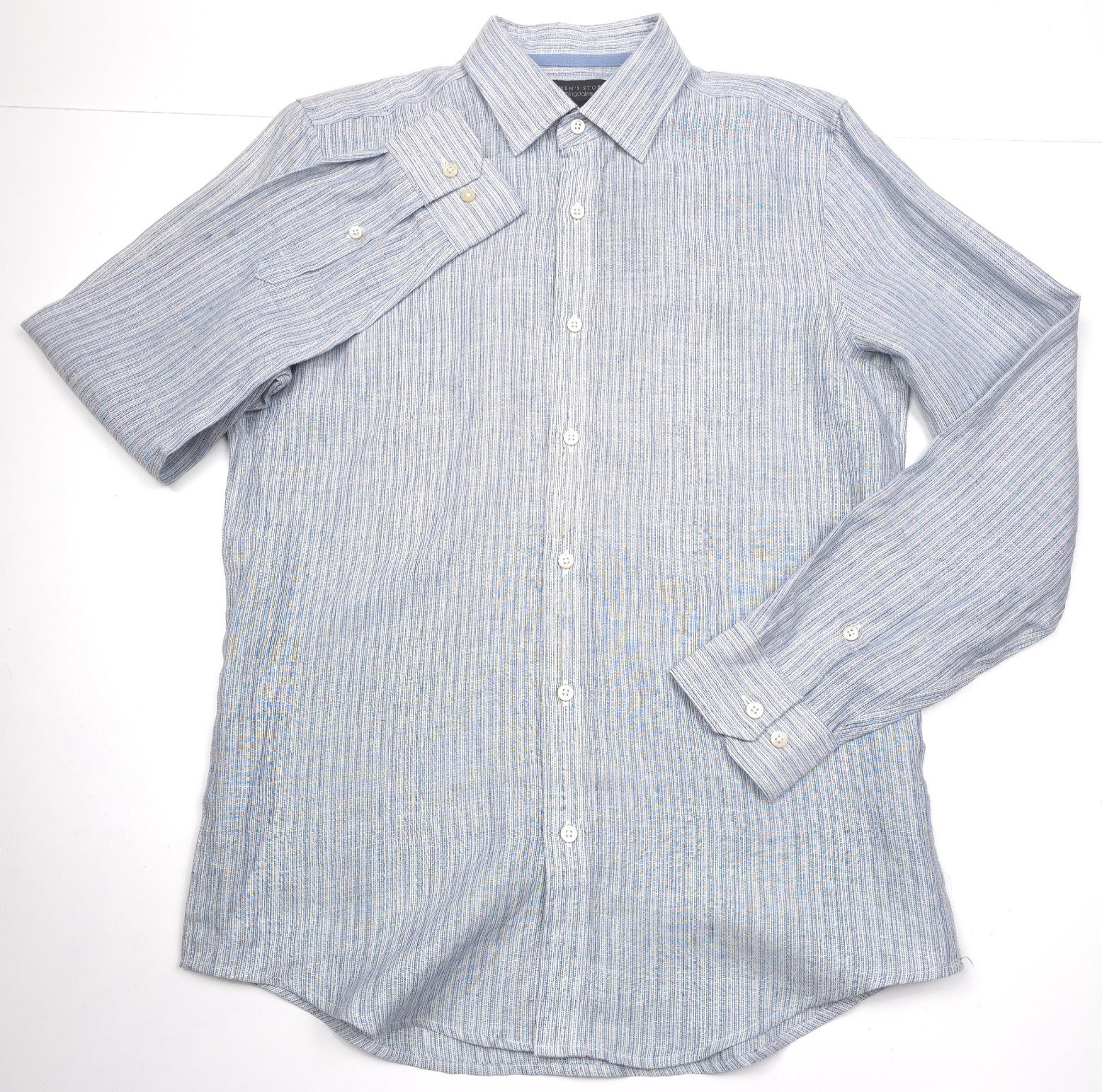 Bloomingdales Linen Button Up Shirt Mens Large L Denim Blue Pencil Striped NWT