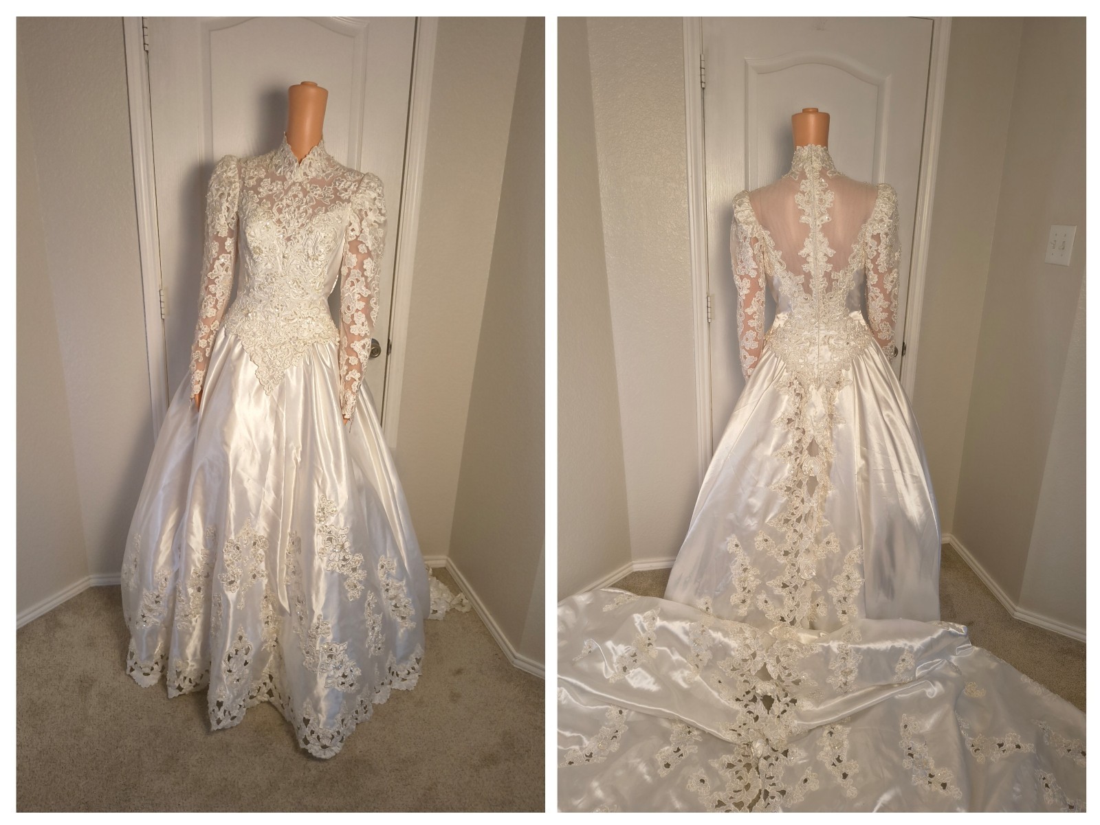 Vintage Victorian High Neck Wedding Dress Satin Lace 80s 90s Size 8 Mori Lee -43