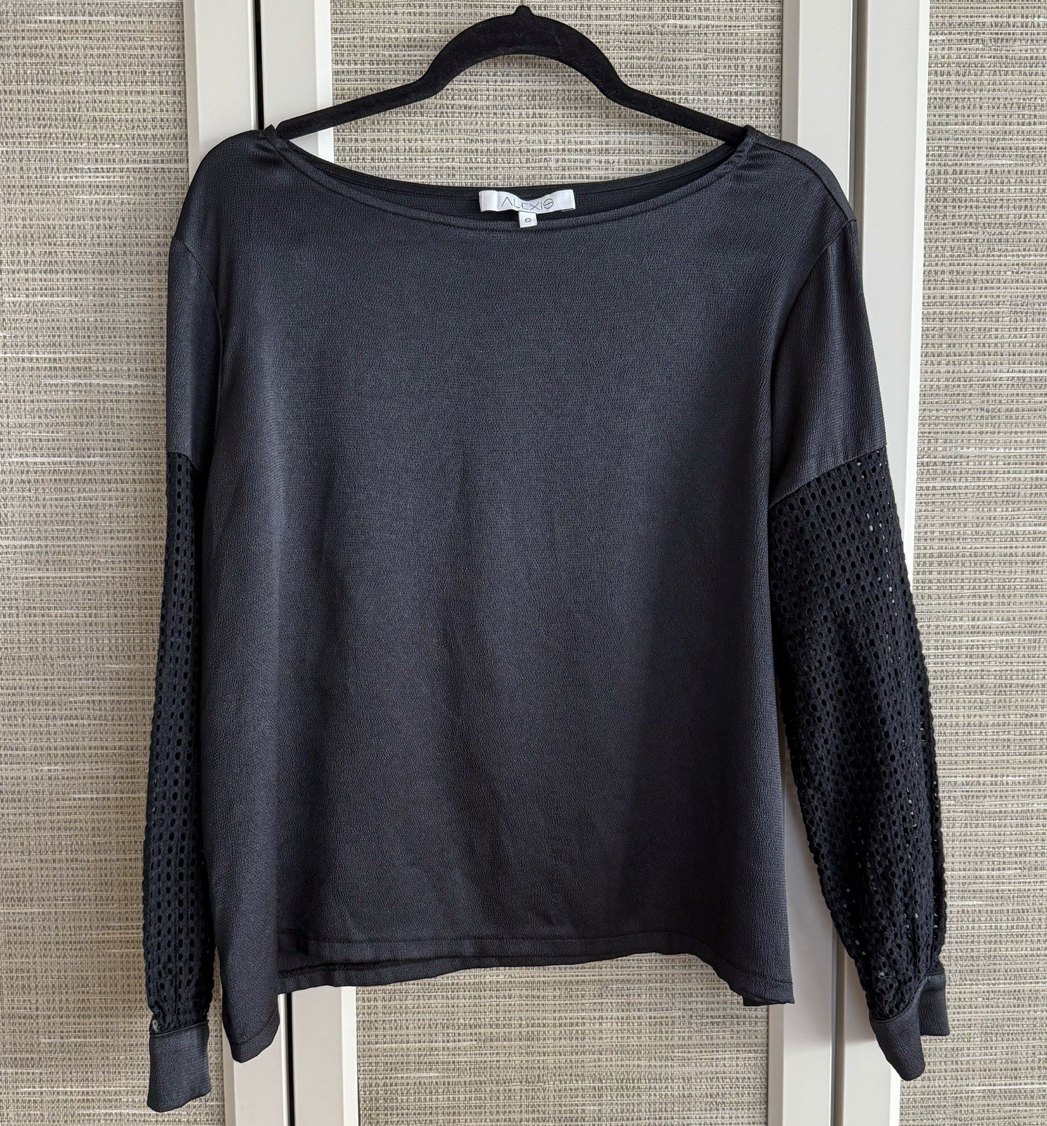 Alexis Black Long Sleeve Top | Laser-Cut Cotton Detail Sleeves | Size S
