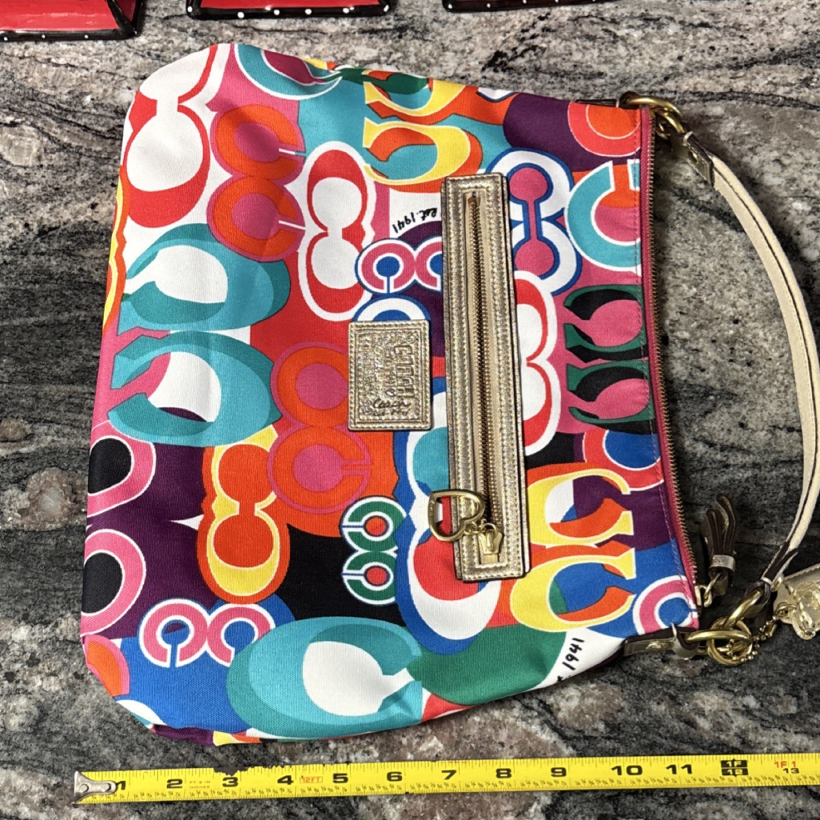Coach Multicolor Logo Print Shoulder Bag Gold Hardware Metallic Trim Heart Charm