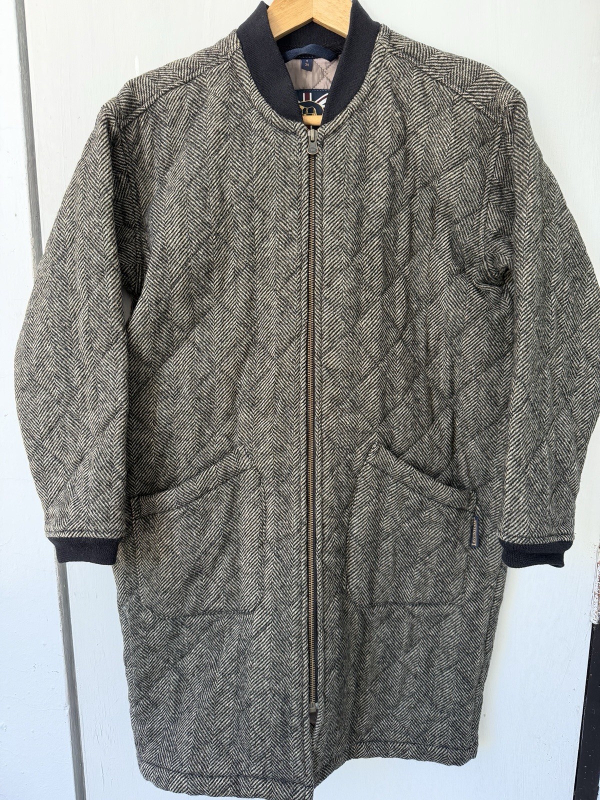 Lavenham Quilted Long Coat Jacket 6 34 Herringbone Made in England Tweed Bomber