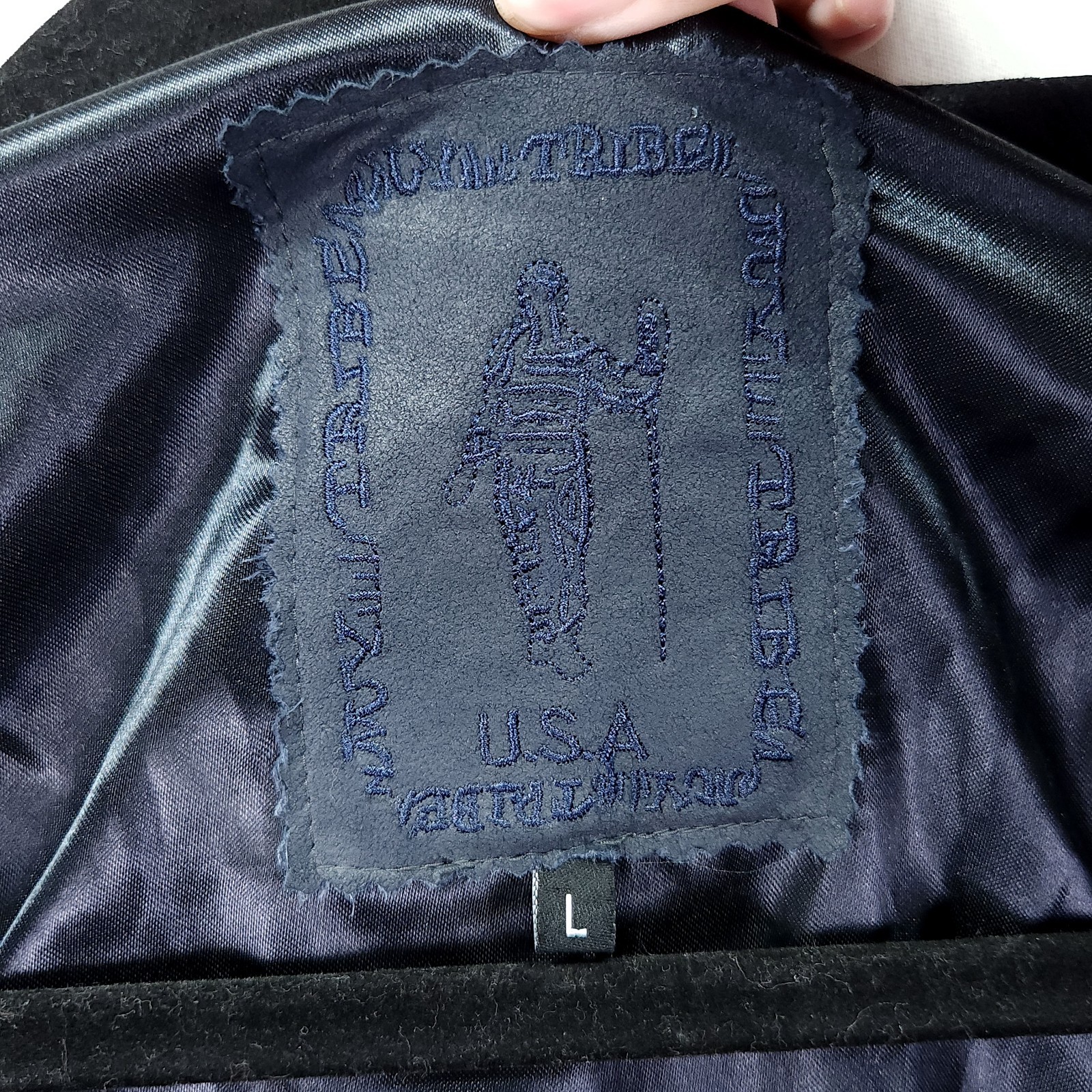 My Tribe Leather Jacket Navy Blue Waterfall Open Front Size Large Made in USA